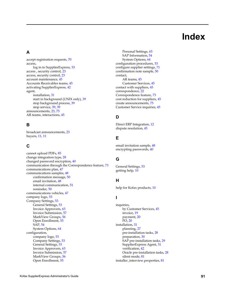 Index | Kofax SupplierExpress User Manual | Page 91 / 94