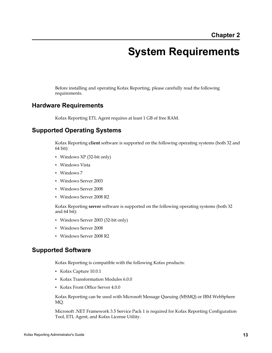 System requirements, Hardware requirements, Supported operating systems | Supported software, Chapter 2 | Kofax Capture User Manual | Page 13 / 44