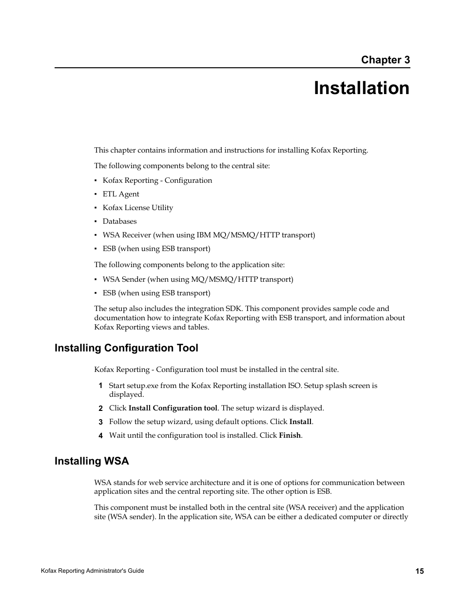 Installation, Installing configuration tool, Installing wsa | Chapter 3 | Kofax Capture User Manual | Page 15 / 44