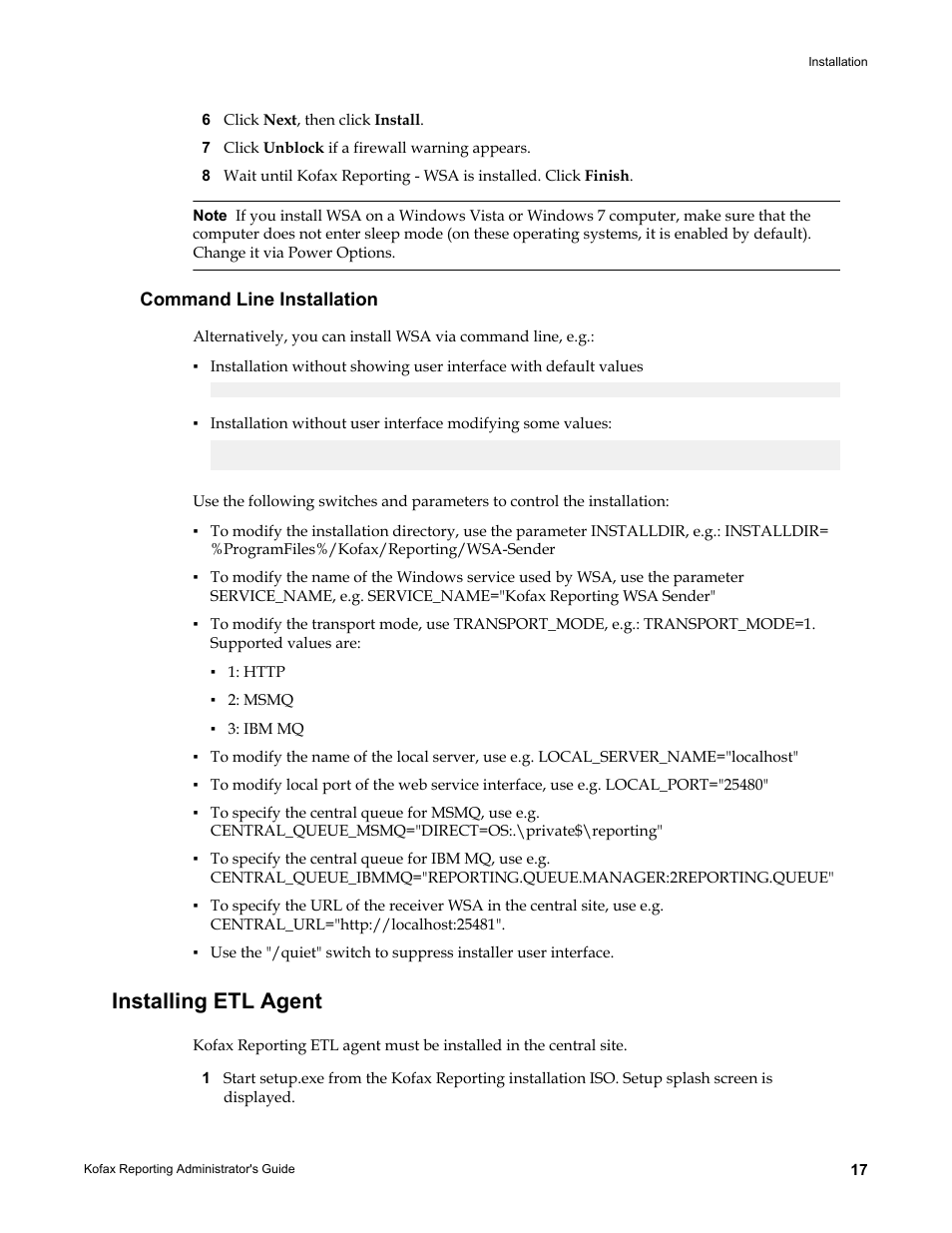 Command line installation, Installing etl agent | Kofax Capture User Manual | Page 17 / 44