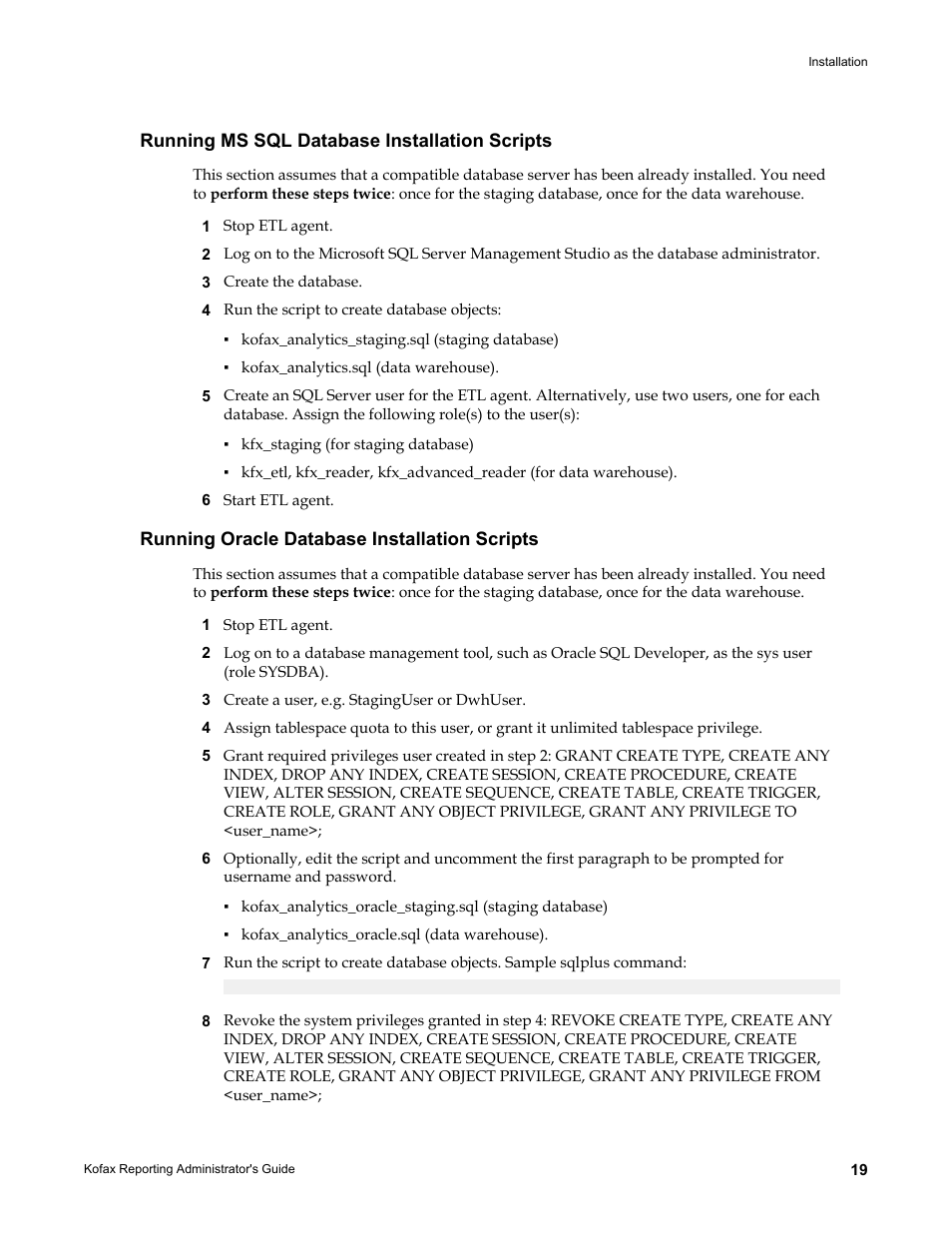 Running ms sql database installation scripts, Running oracle database installation scripts | Kofax Capture User Manual | Page 19 / 44