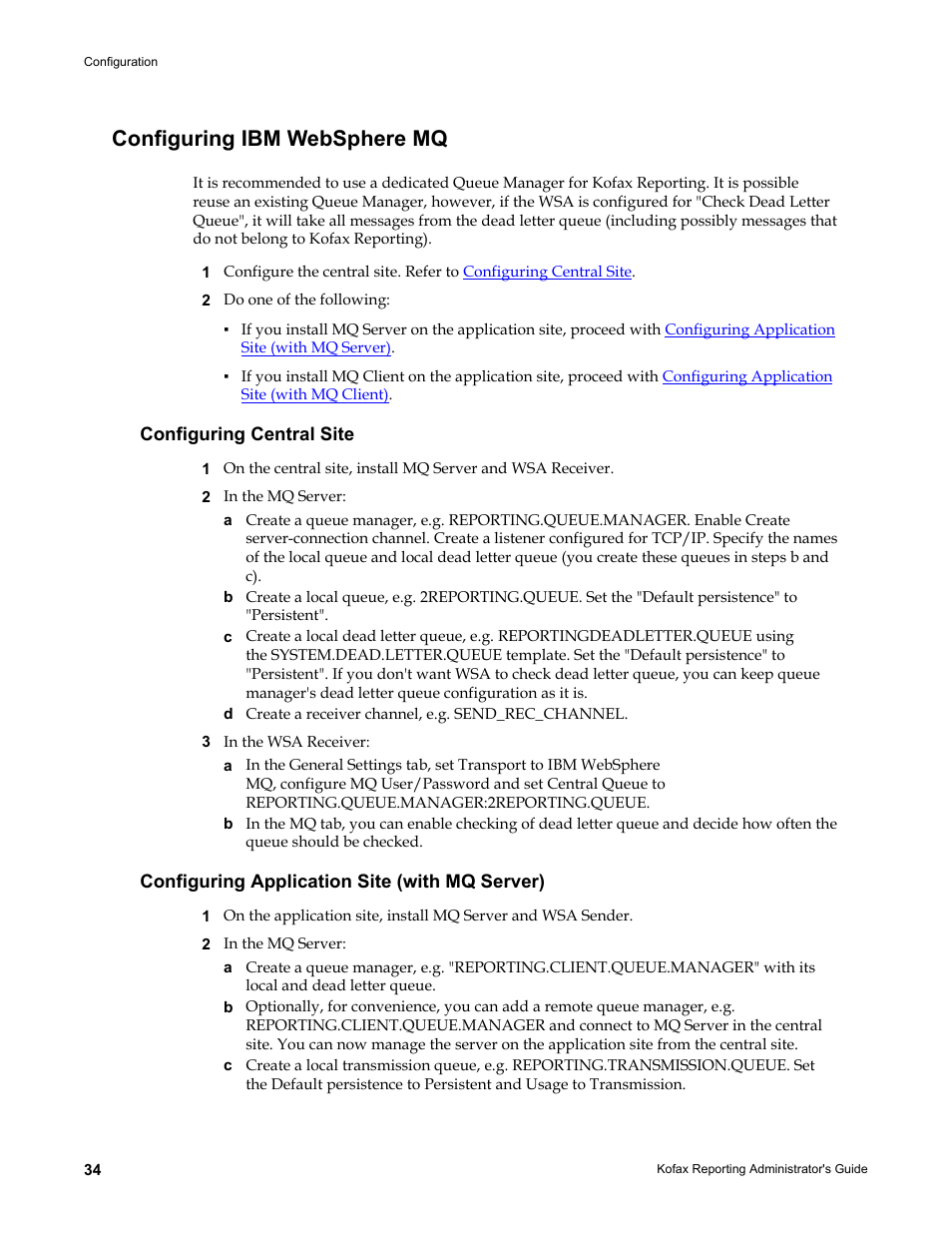 Configuring ibm websphere mq, Configuring central site, Configuring application site (with mq server) | Kofax Capture User Manual | Page 34 / 44