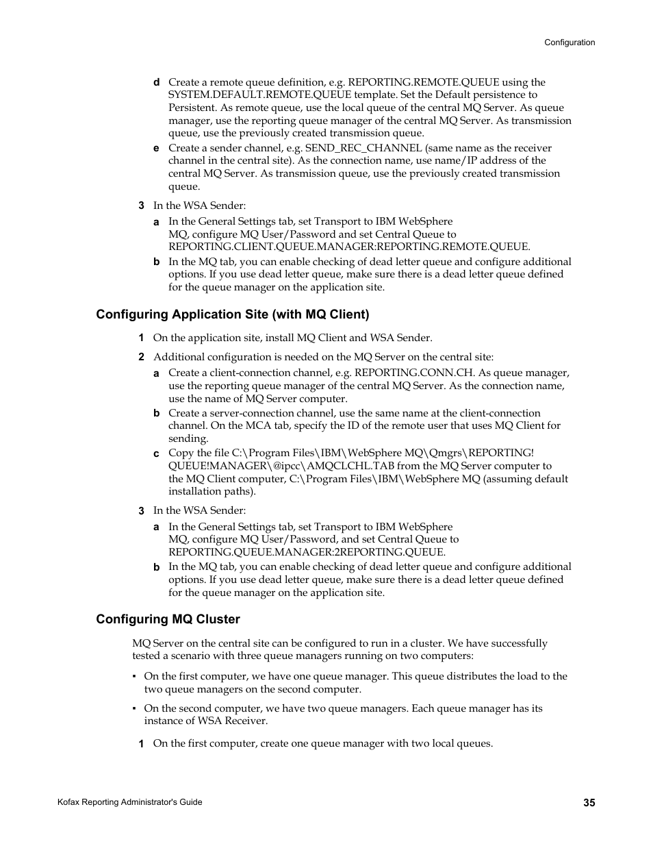 Configuring application site (with mq client), Configuring mq cluster, Configuring application | Site (with mq client) | Kofax Capture User Manual | Page 35 / 44