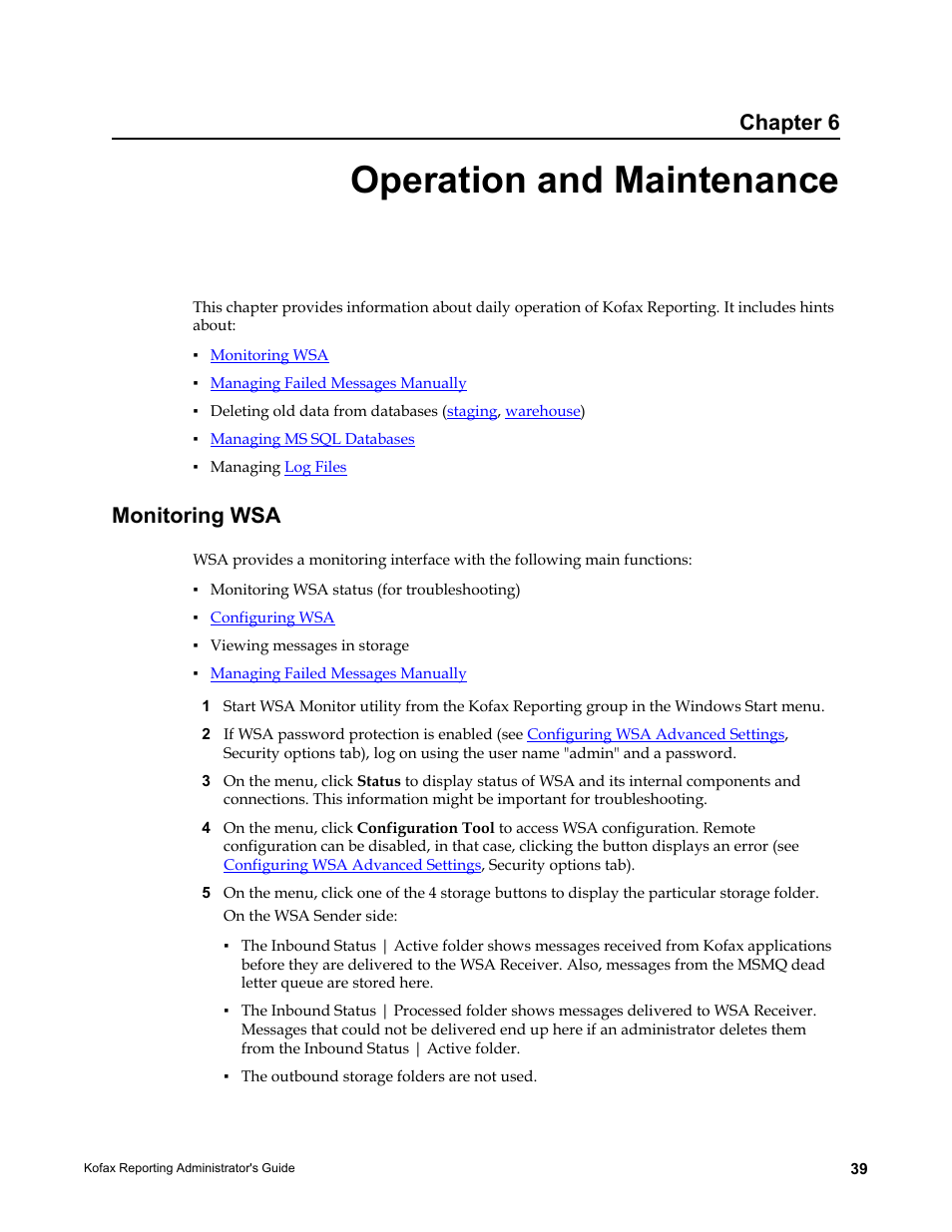 Operation and maintenance, Monitoring wsa, Chapter 6 | Kofax Capture User Manual | Page 39 / 44