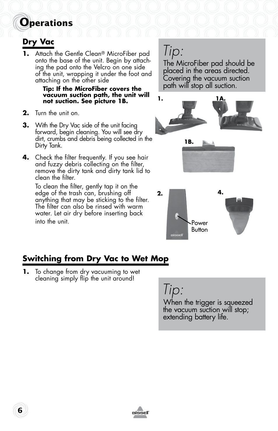 Perations | Bissell VAC & SHINE 60P4 User Manual | Page 6 / 12