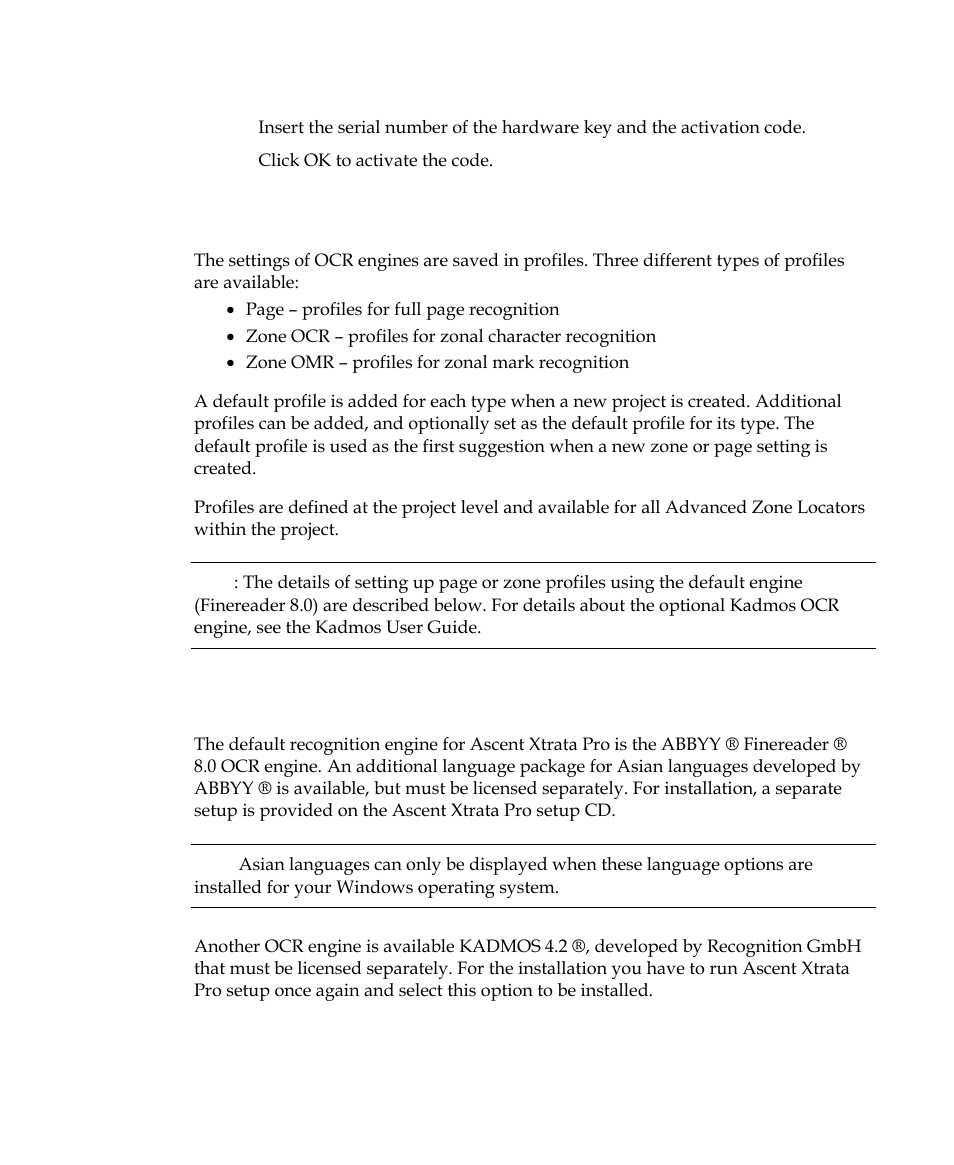 Ocr and omr profiles, Recognition engines | Kofax Getting Started with Ascent Xtrata Pro User Manual | Page 156 / 623