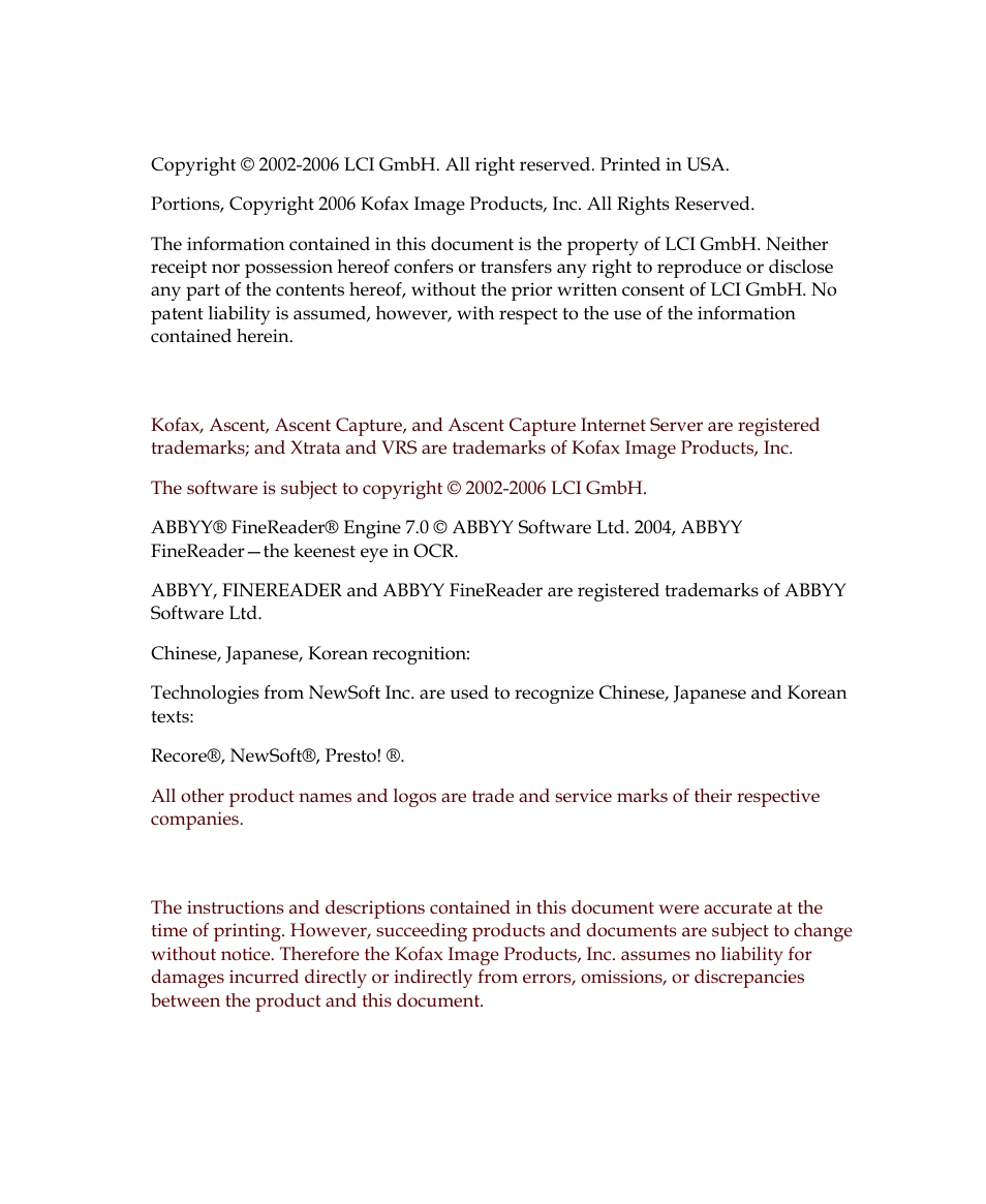 Copyright | Kofax Getting Started with Ascent Xtrata Pro User Manual | Page 2 / 623