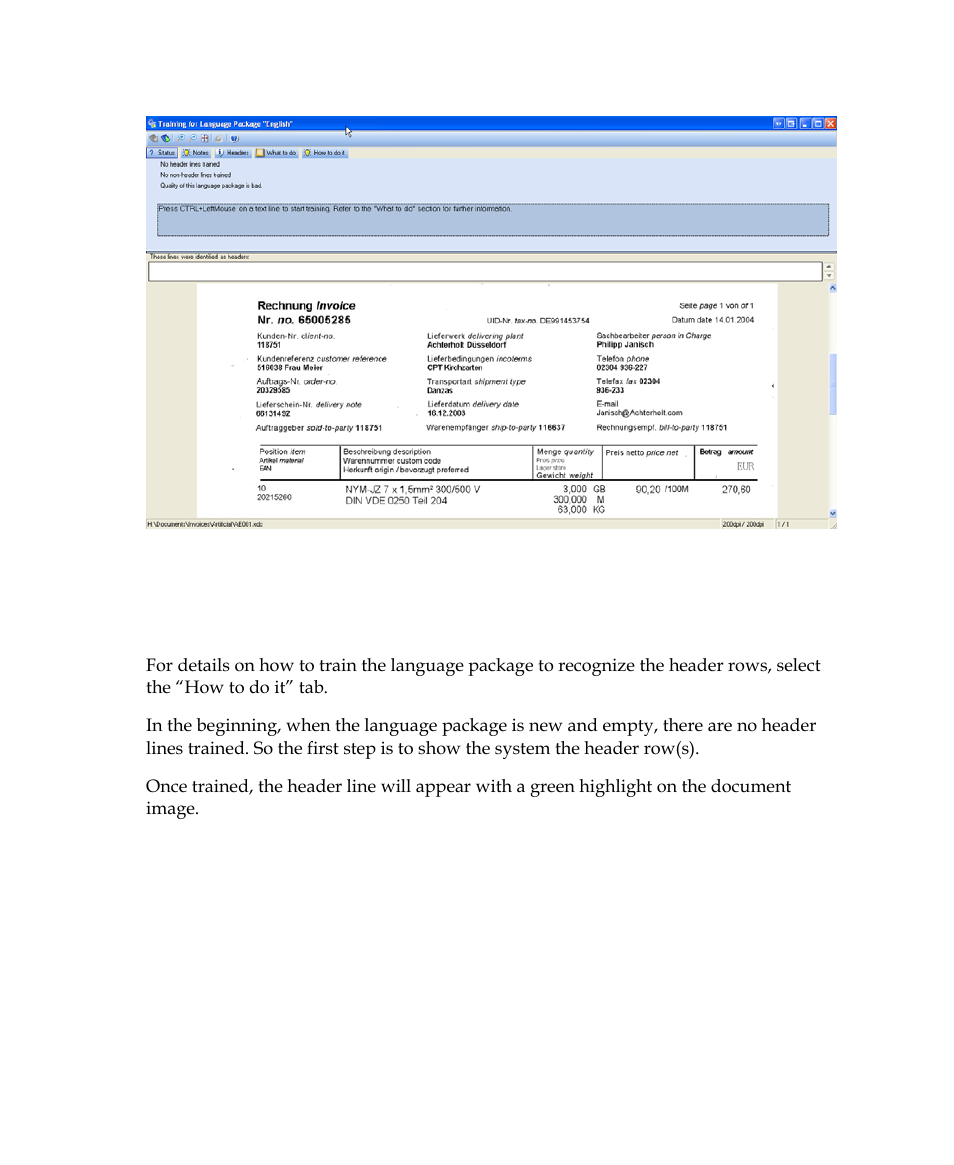 Training header lines for a language package | Kofax Getting Started with Ascent Xtrata Pro User Manual | Page 215 / 623