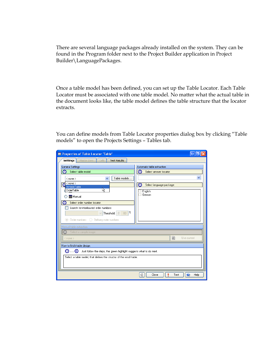 Bundled language packages, Setting up table locator, Selecting a table model | Kofax Getting Started with Ascent Xtrata Pro User Manual | Page 220 / 623
