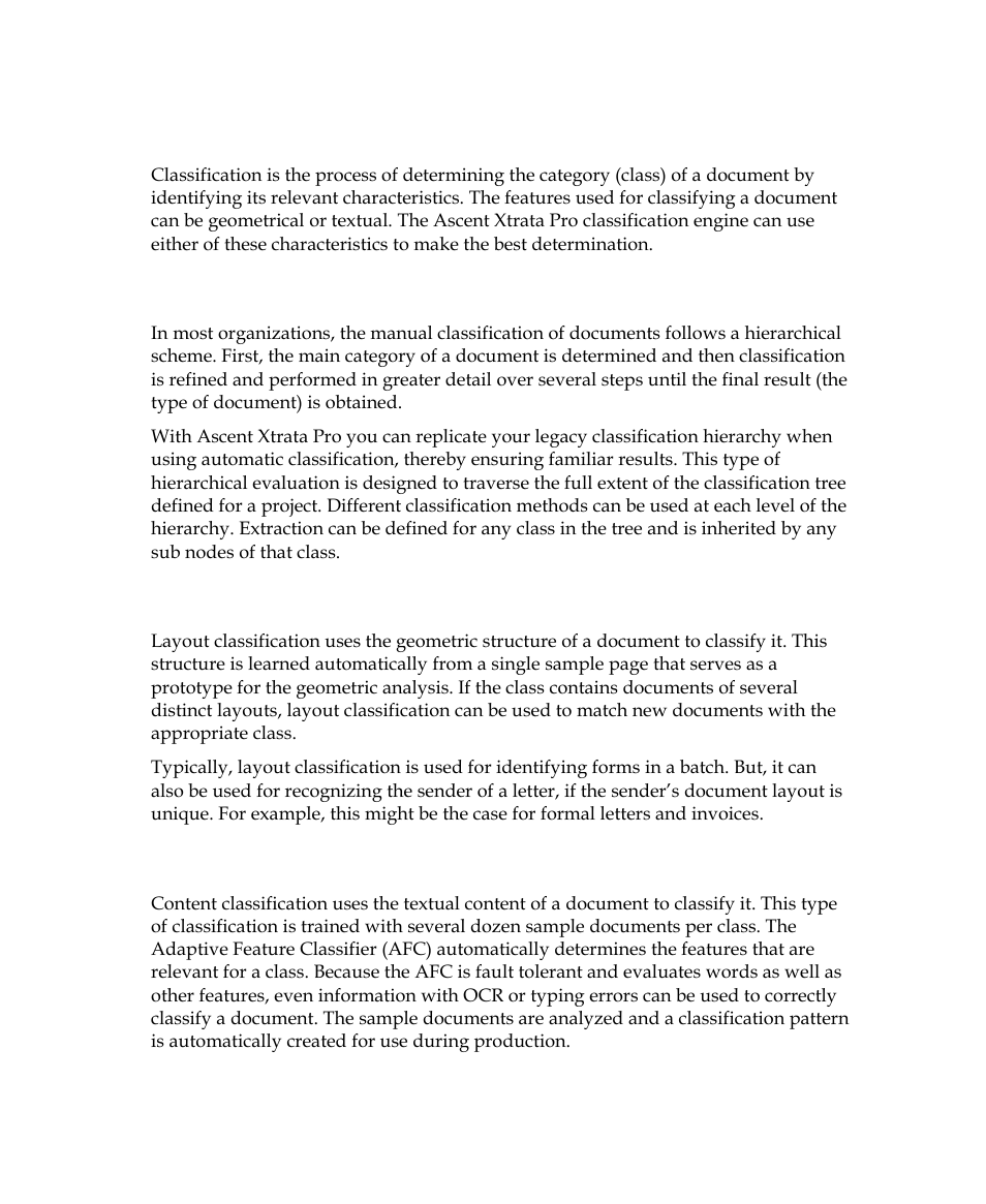 Classification, Classification hierarchy, Layout classification | Content classification | Kofax Getting Started with Ascent Xtrata Pro User Manual | Page 27 / 623