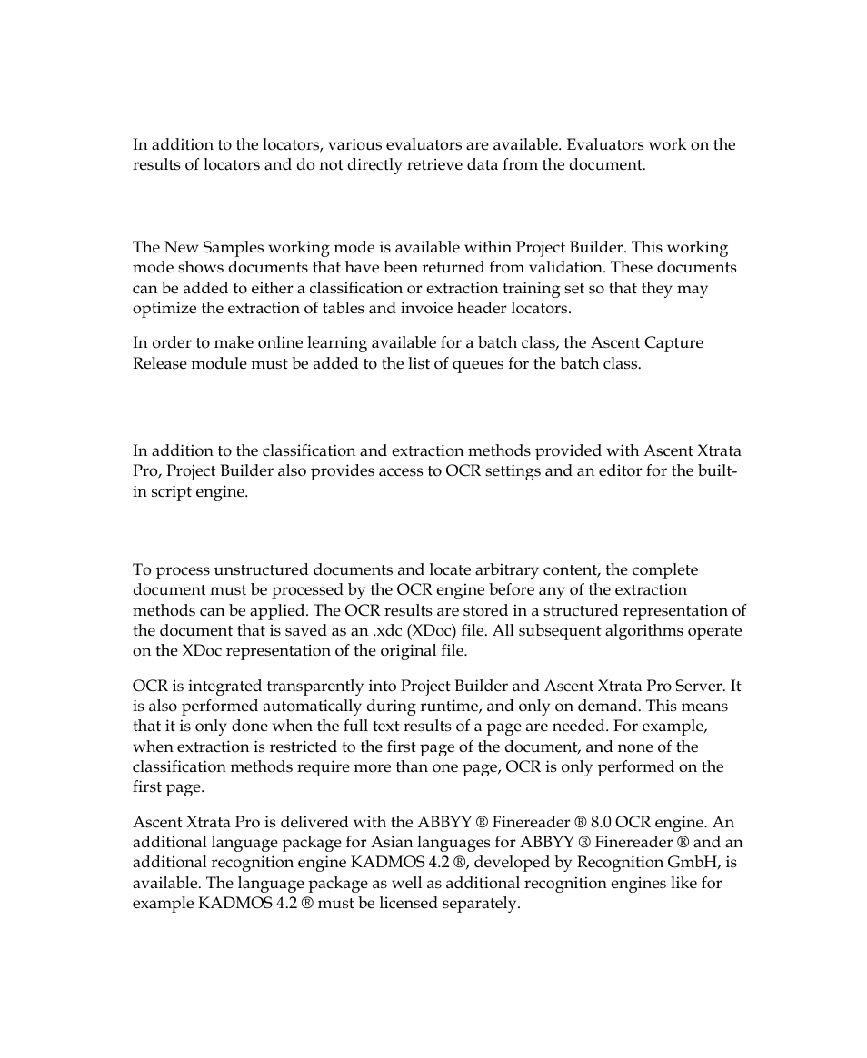 Evaluators, Online learning, Ocr and script integration | Ocr integration | Kofax Getting Started with Ascent Xtrata Pro User Manual | Page 29 / 623