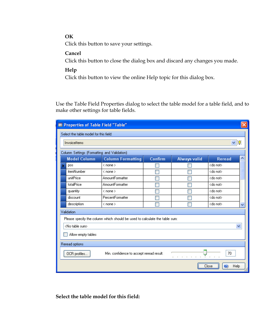 Table field properties dialog box | Kofax Getting Started with Ascent Xtrata Pro User Manual | Page 336 / 623