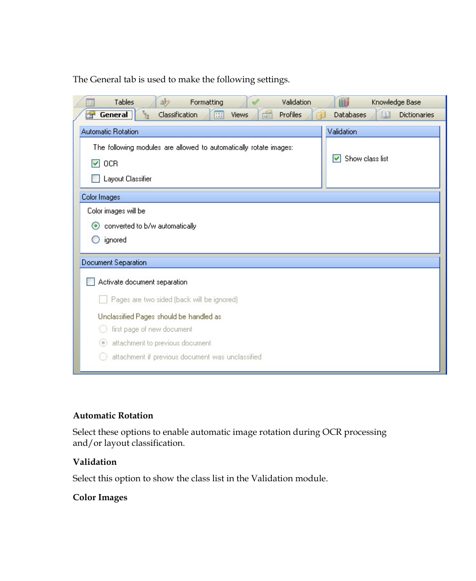 Project settings dialog box – general tab | Kofax Getting Started with Ascent Xtrata Pro User Manual | Page 355 / 623