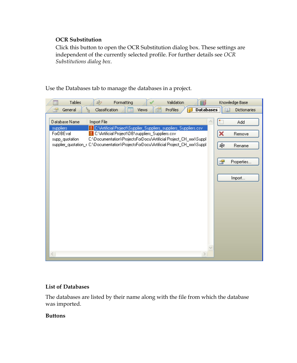 Project settings dialog box – databases tab | Kofax Getting Started with Ascent Xtrata Pro User Manual | Page 363 / 623