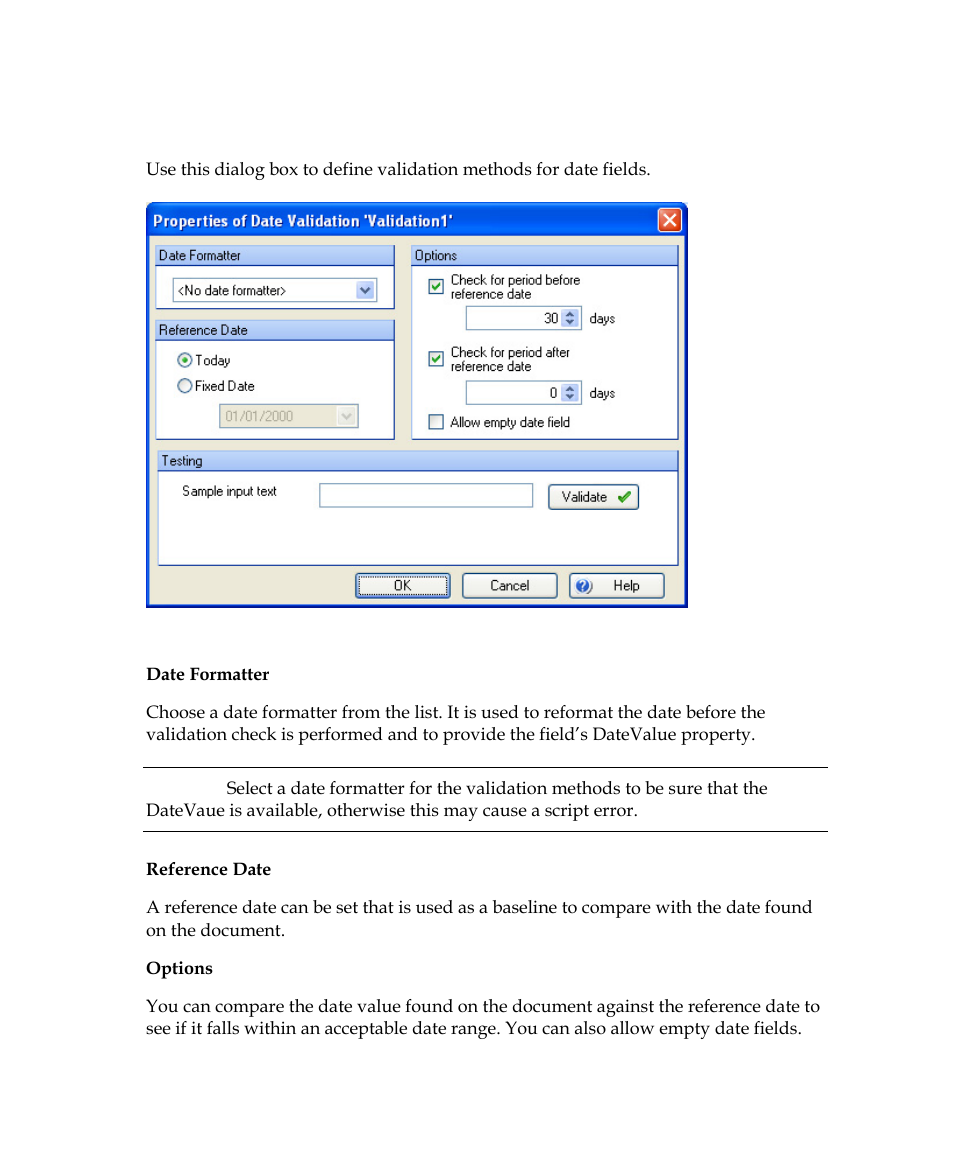 Date validation properties dialog box | Kofax Getting Started with Ascent Xtrata Pro User Manual | Page 387 / 623