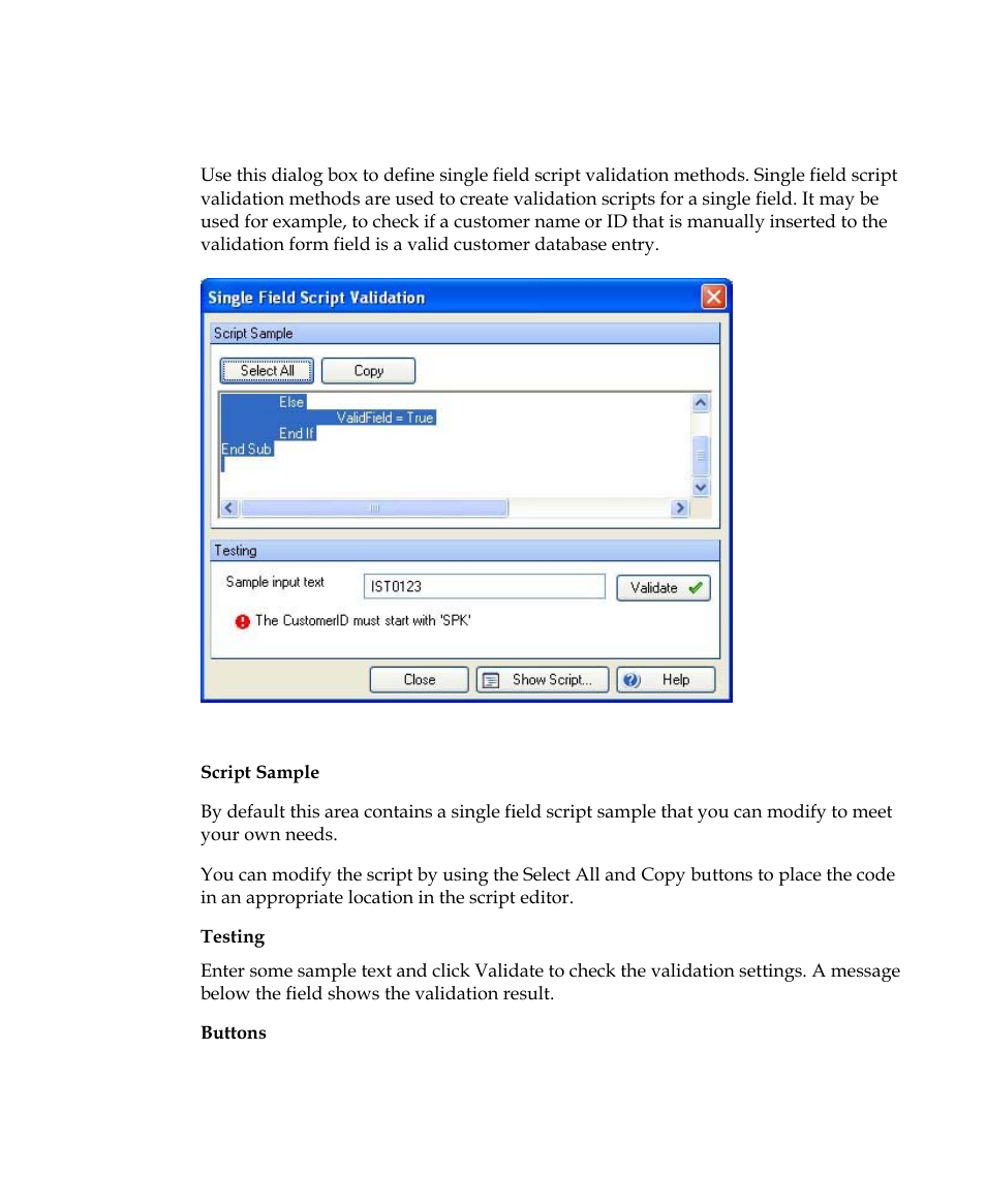 Single field script validation dialog box, Alog box | Kofax Getting Started with Ascent Xtrata Pro User Manual | Page 392 / 623