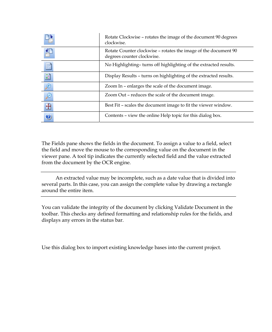 The fields pane, Import knowledge base dialog box | Kofax Getting Started with Ascent Xtrata Pro User Manual | Page 425 / 623