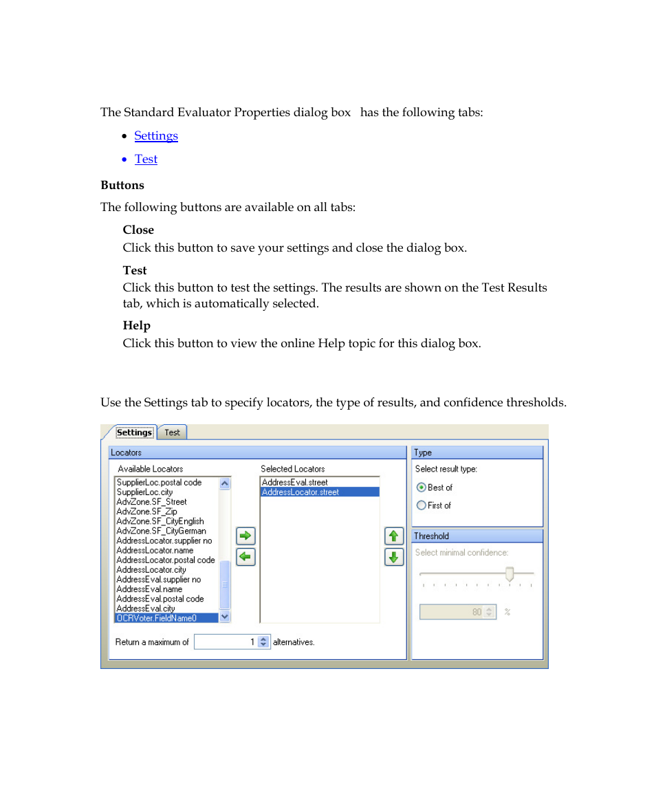 Standard evaluator properties dialog box, Standard evaluator dialog box – settings tab | Kofax Getting Started with Ascent Xtrata Pro User Manual | Page 503 / 623