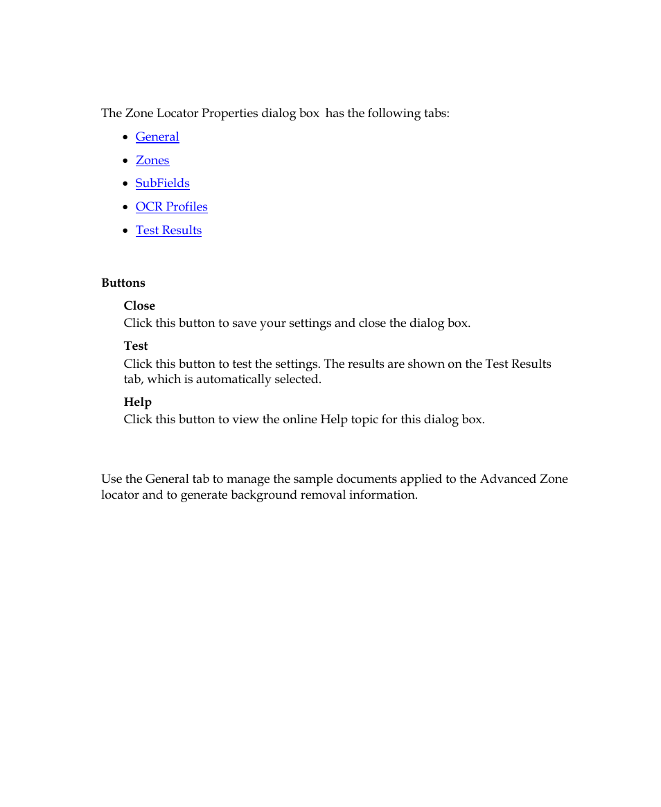 Zone locator properties dialog box | Kofax Getting Started with Ascent Xtrata Pro User Manual | Page 513 / 623