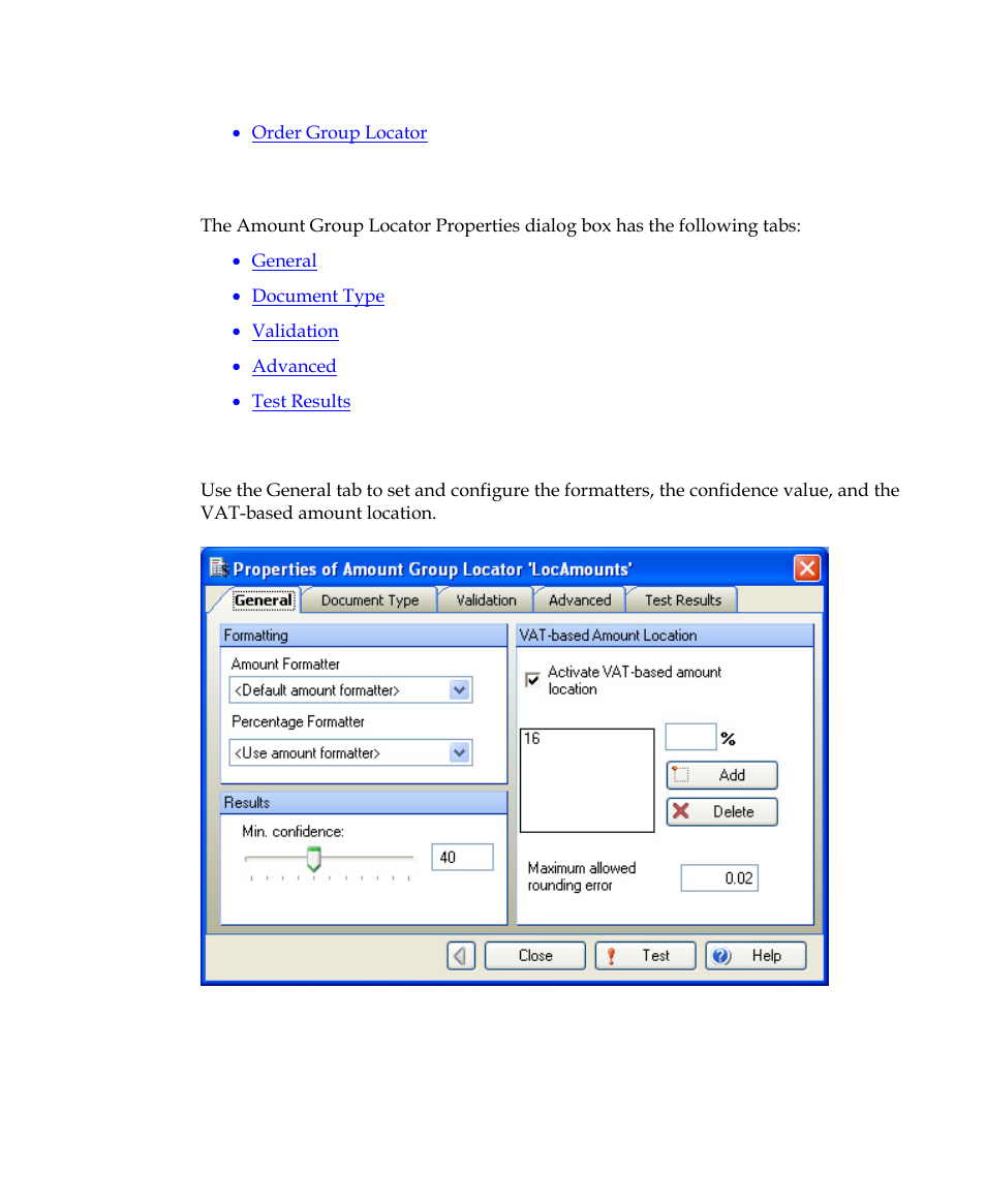 Amount group locator properties dialog box | Kofax Getting Started with Ascent Xtrata Pro User Manual | Page 522 / 623