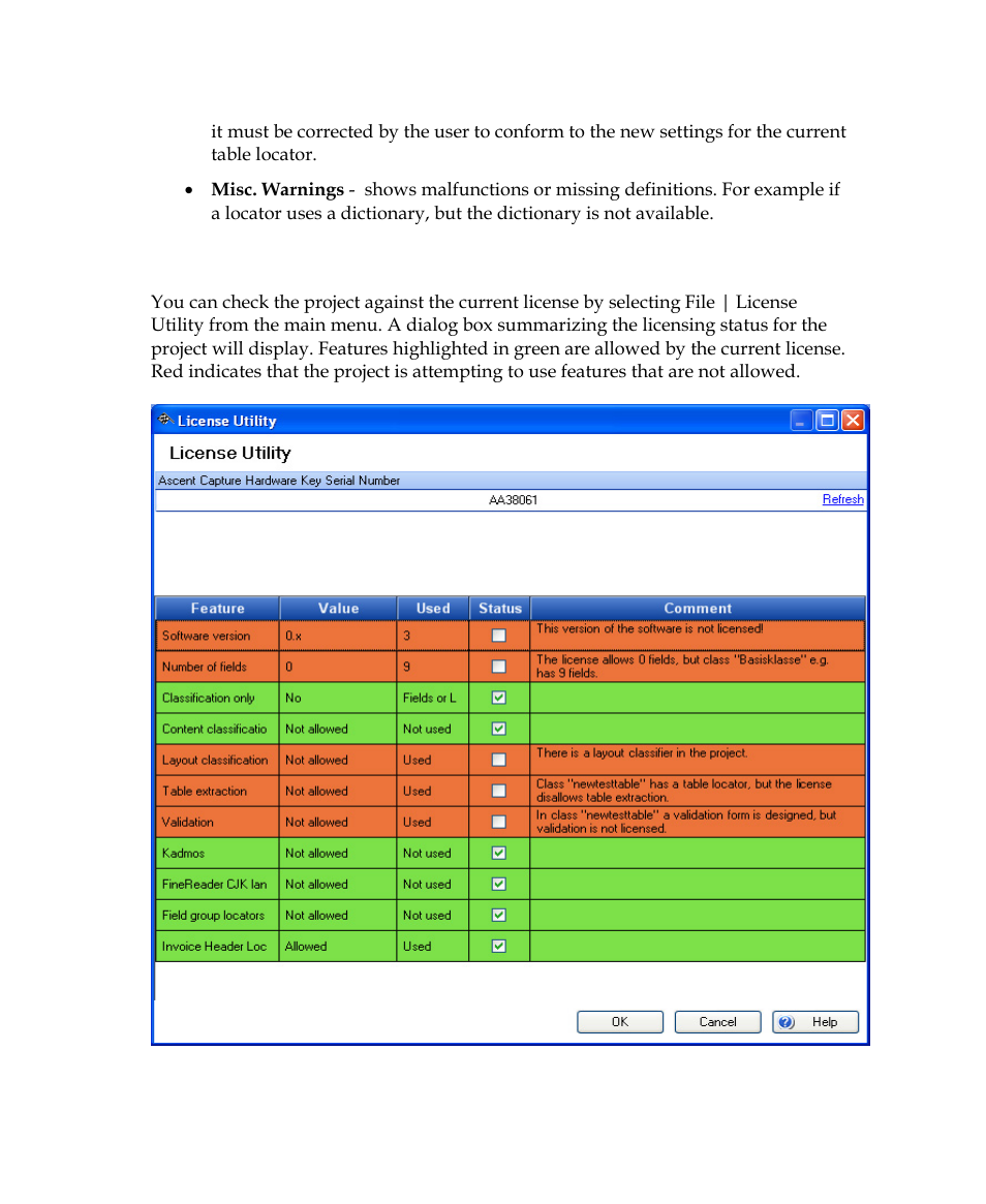 Check licensed features with current project | Kofax Getting Started with Ascent Xtrata Pro User Manual | Page 53 / 623
