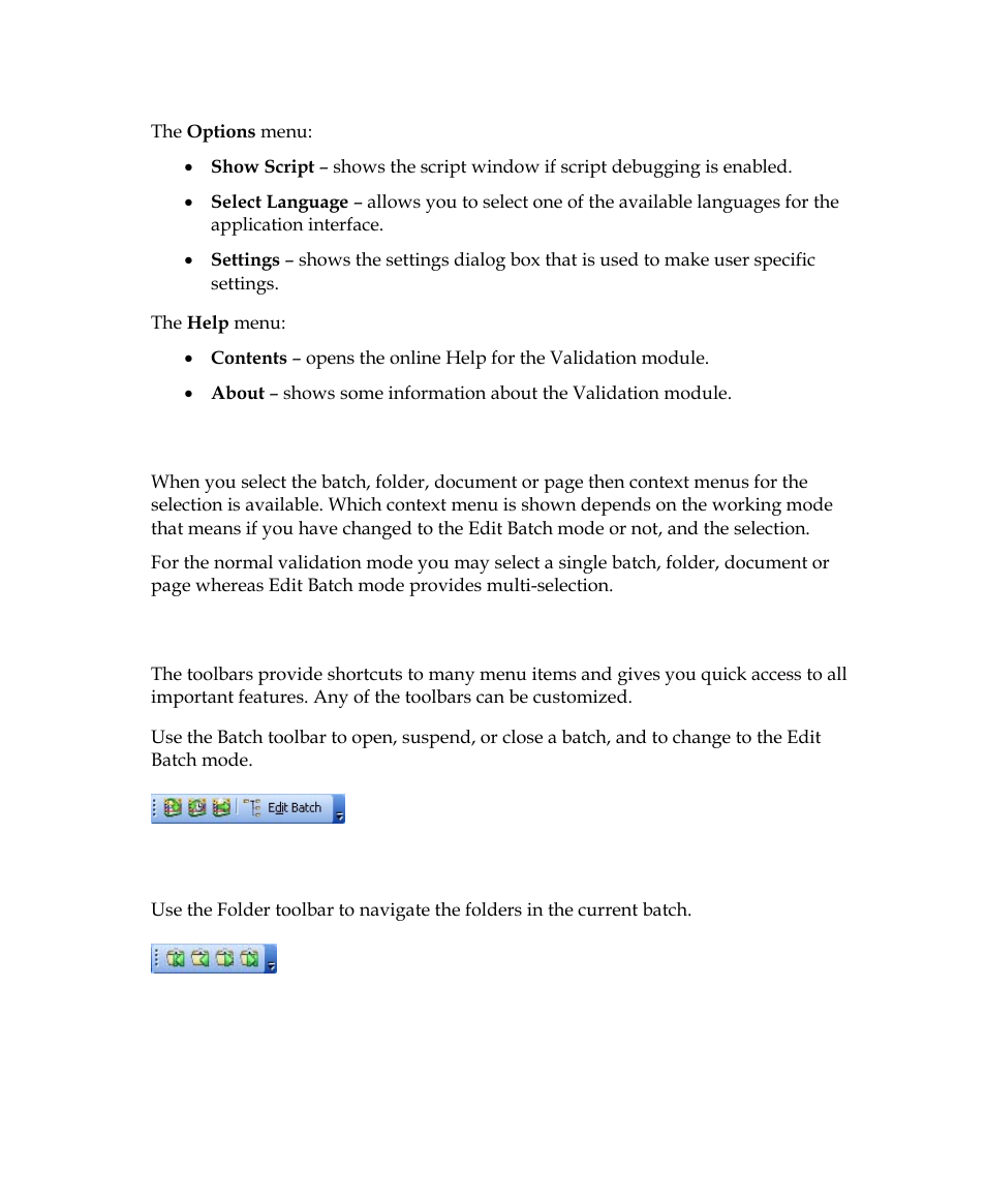 Context menus, Toolbars | Kofax Getting Started with Ascent Xtrata Pro User Manual | Page 577 / 623