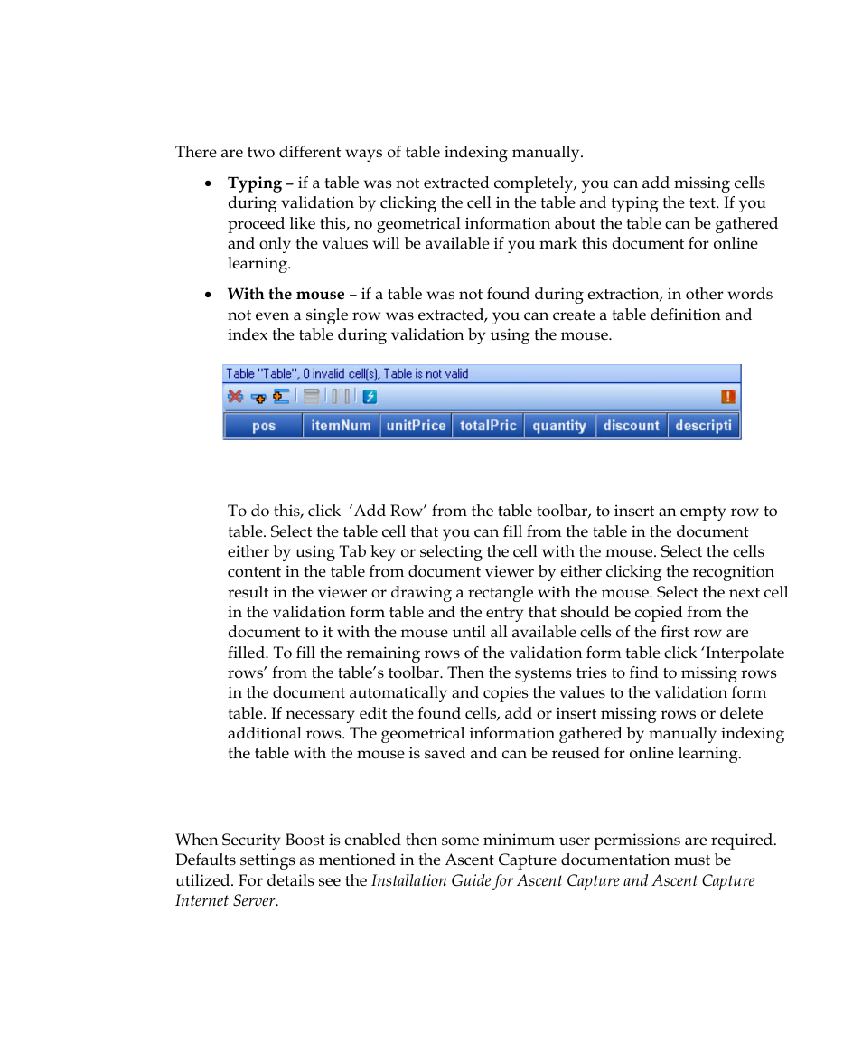 Table indexing, Security boost | Kofax Getting Started with Ascent Xtrata Pro User Manual | Page 600 / 623