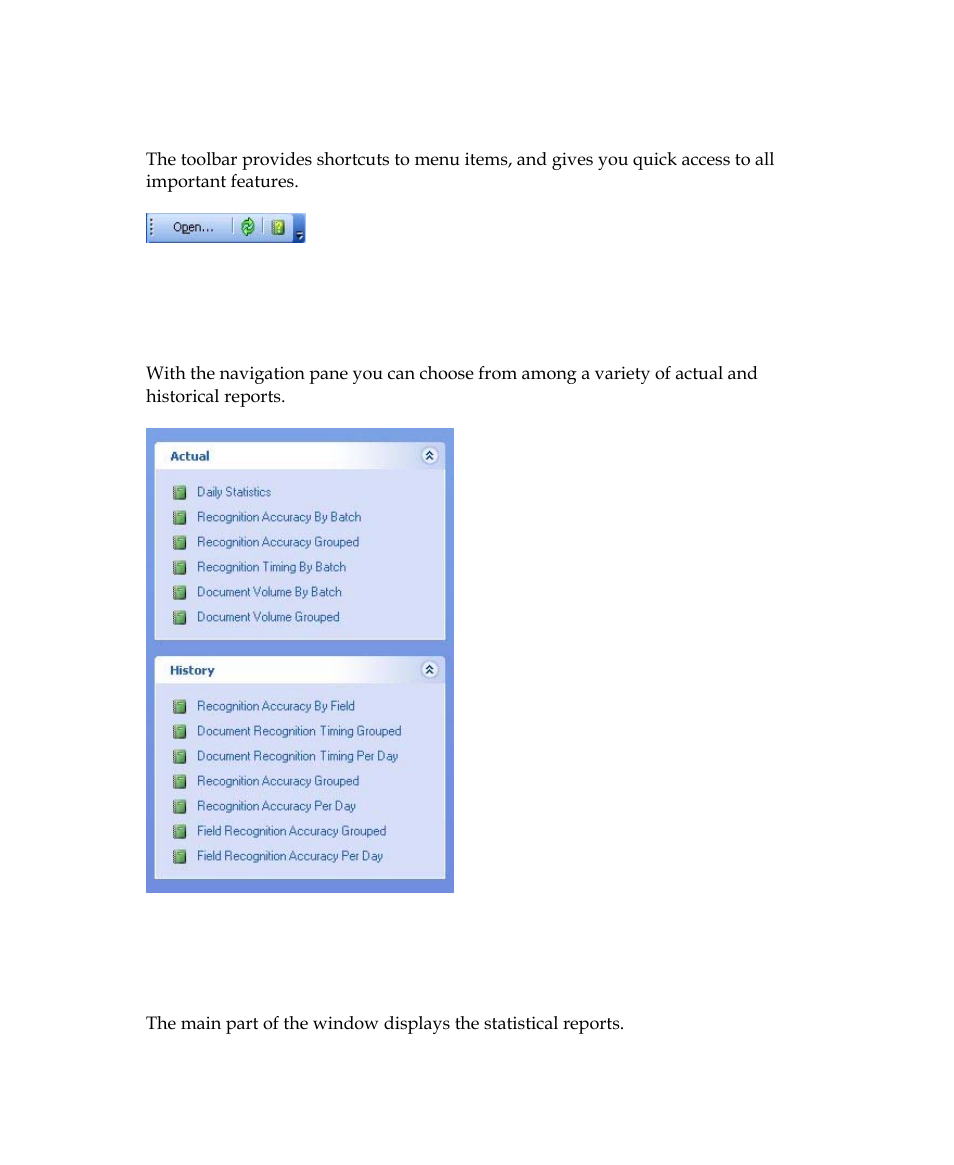 Toolbars, Navigation pane, Reports | Kofax Getting Started with Ascent Xtrata Pro User Manual | Page 607 / 623