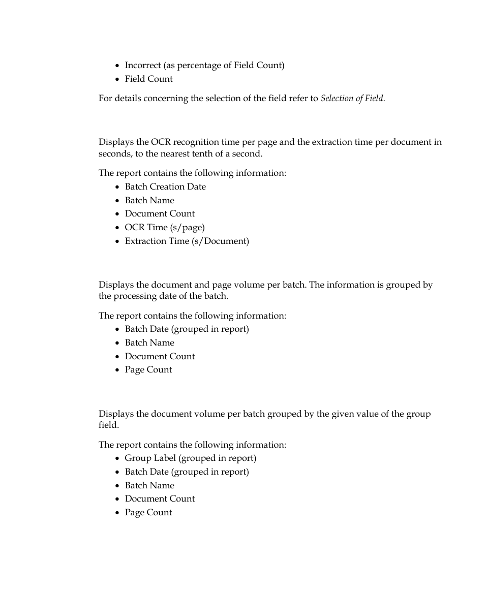 Recognition timing by batch, Document volume by batch, Document volume grouped | Kofax Getting Started with Ascent Xtrata Pro User Manual | Page 610 / 623