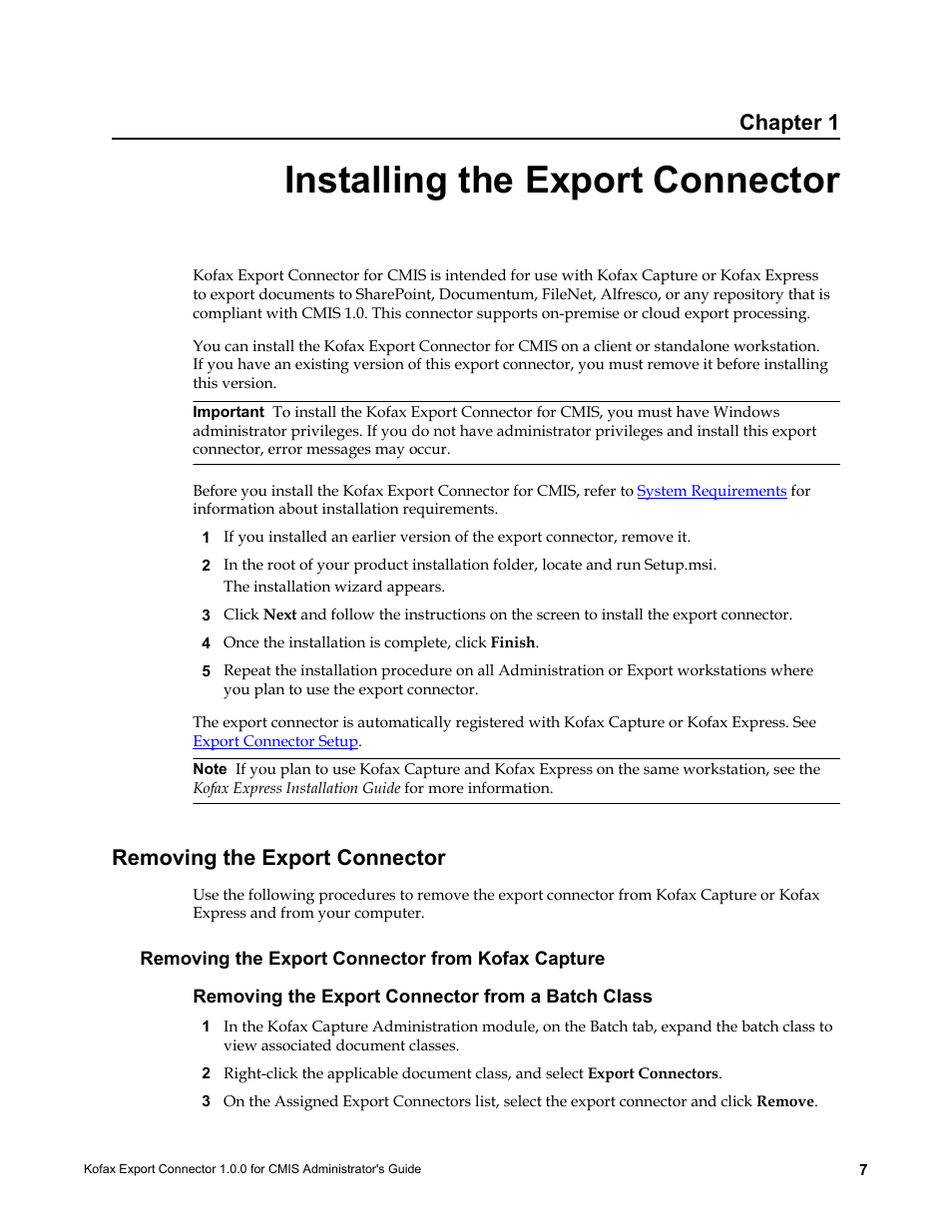 Installing the export connector, Removing the export connector, Removing the export connector from kofax capture | Removing the export connector from a batch class, Chapter 1 | Kofax Export Connector 1.0.0 User Manual | Page 7 / 12