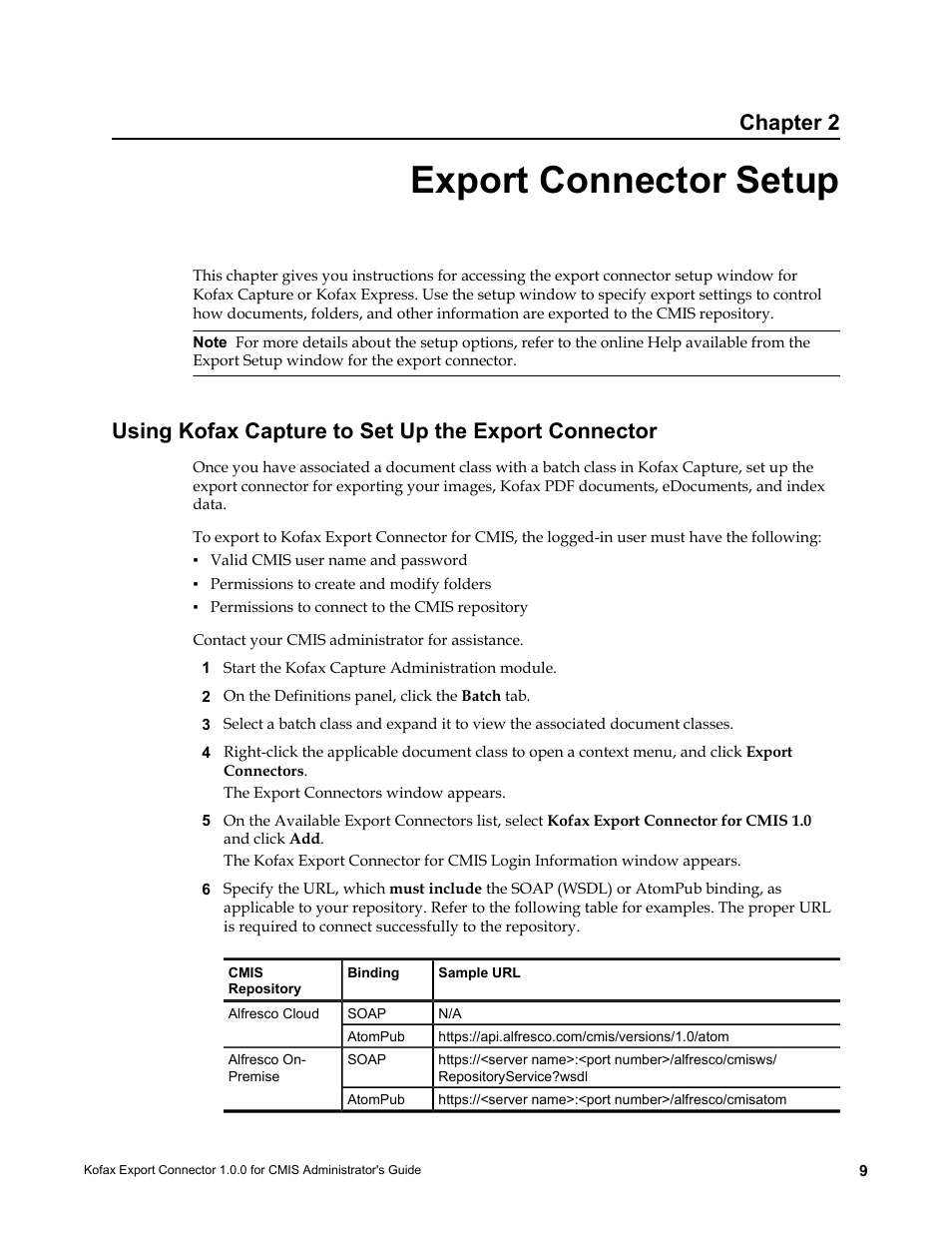 Export connector setup, Using kofax capture to set up the export connector, Chapter 2 | Kofax Export Connector 1.0.0 User Manual | Page 9 / 12