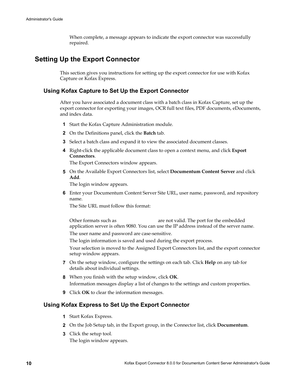 Setting up the export connector, Using kofax capture to set up the export connector, Using kofax express to set up the export connector | Kofax Export Connector 8.0.0 User Manual | Page 10 / 16