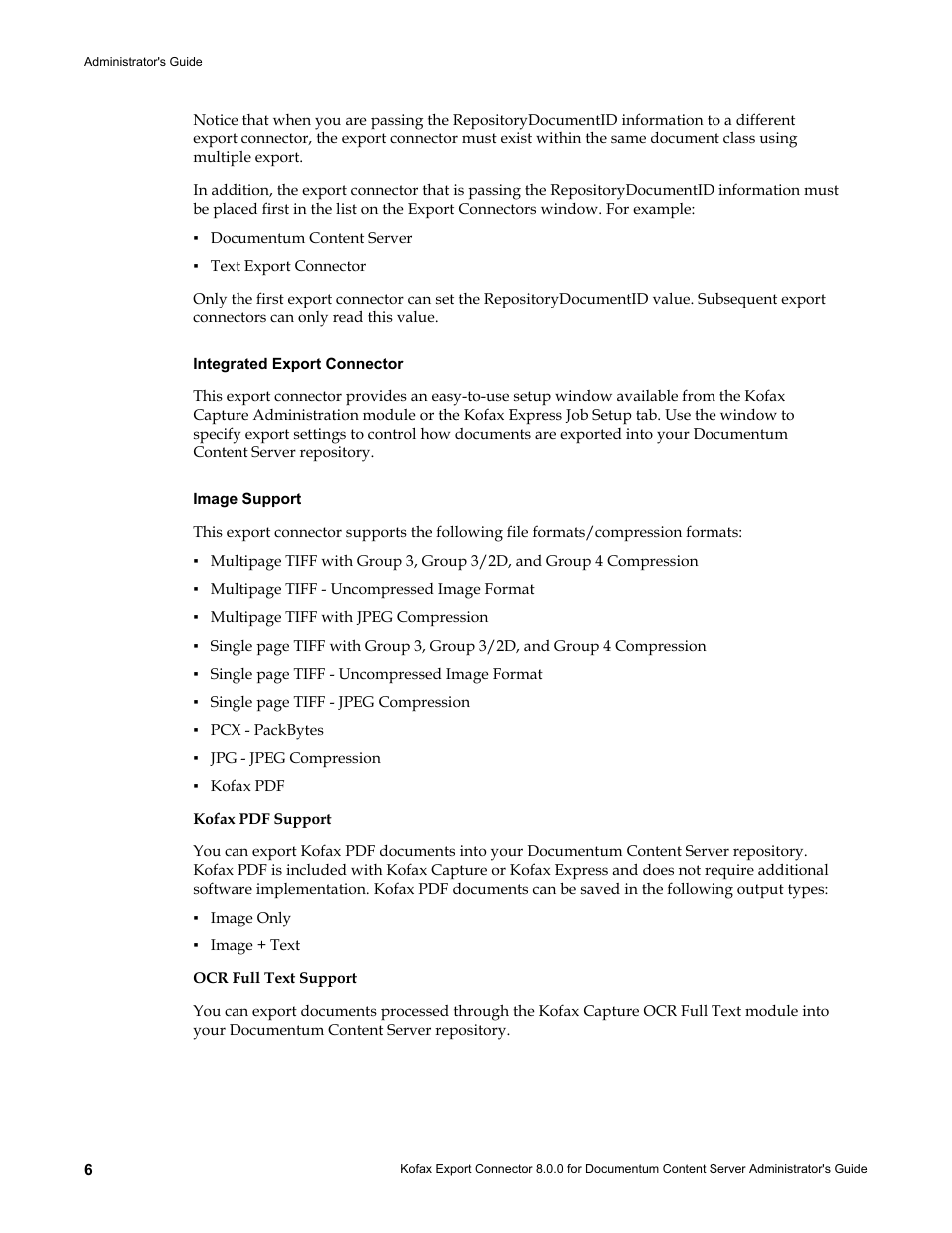 Integrated export connector, Image support, Kofax pdf support | Ocr full text support | Kofax Export Connector 8.0.0 User Manual | Page 6 / 16