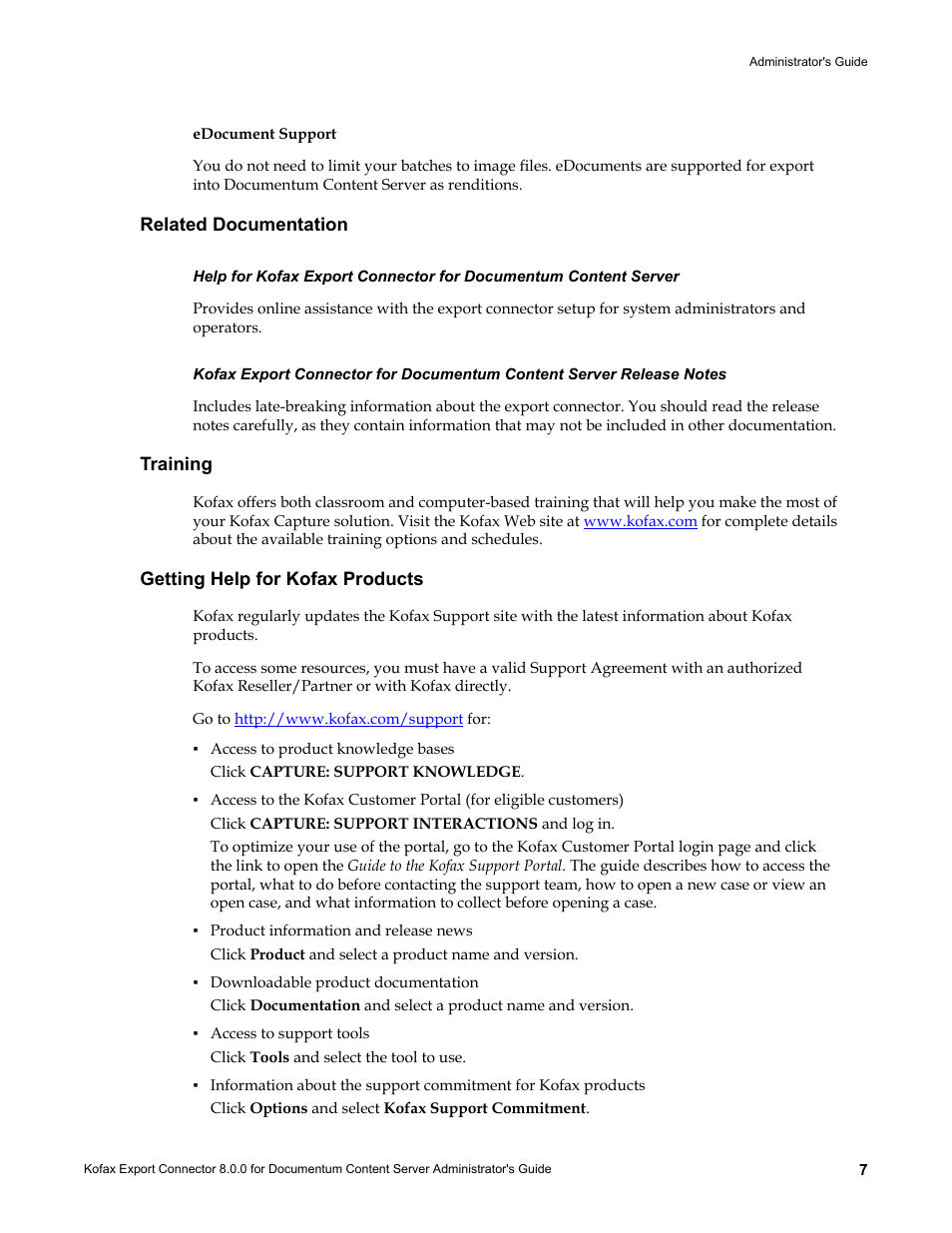 Edocument support, Related documentation, Training | Getting help for kofax products | Kofax Export Connector 8.0.0 User Manual | Page 7 / 16
