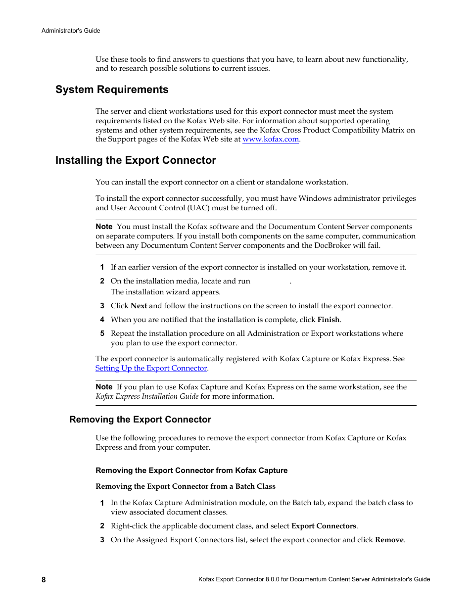 System requirements, Installing the export connector, Removing the export connector | Removing the export connector from kofax capture, Removing the export connector from a batch class | Kofax Export Connector 8.0.0 User Manual | Page 8 / 16