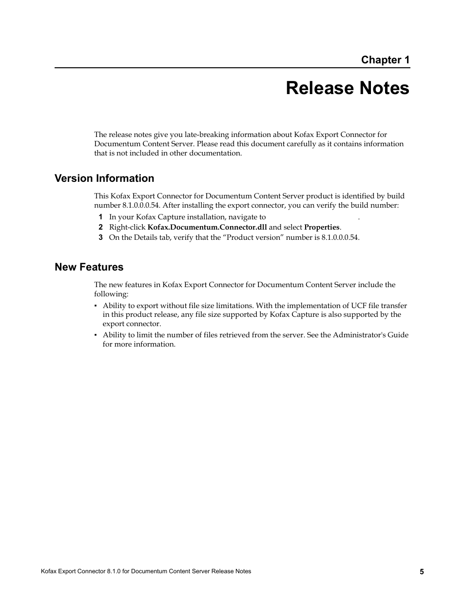 Release notes, Version information, New features | Version information new features, Chapter 1 | Kofax Export Connector 8.1.0 User Manual | Page 5 / 12