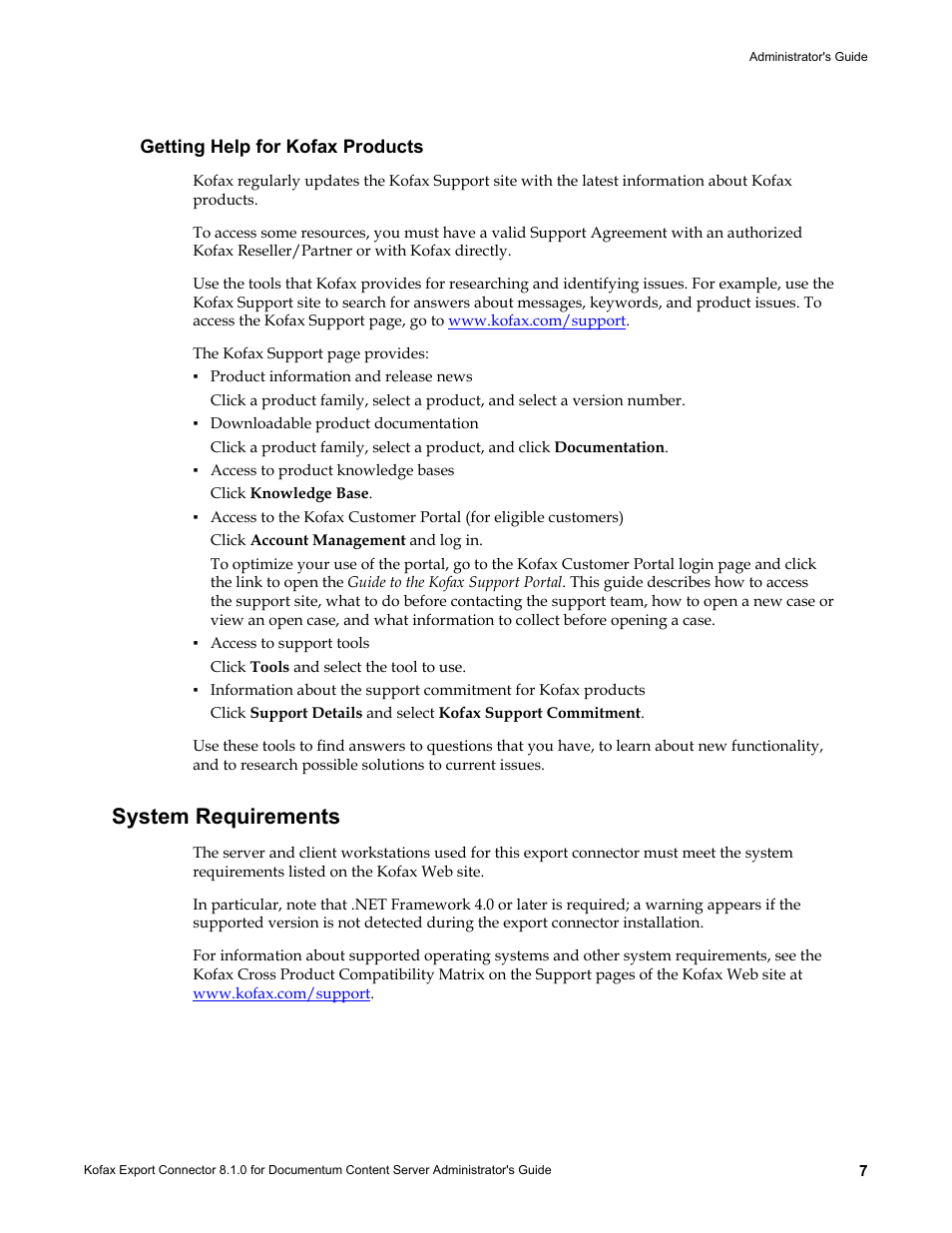 Getting help for kofax products, System requirements | Kofax Export Connector 8.1.0 User Manual | Page 7 / 16