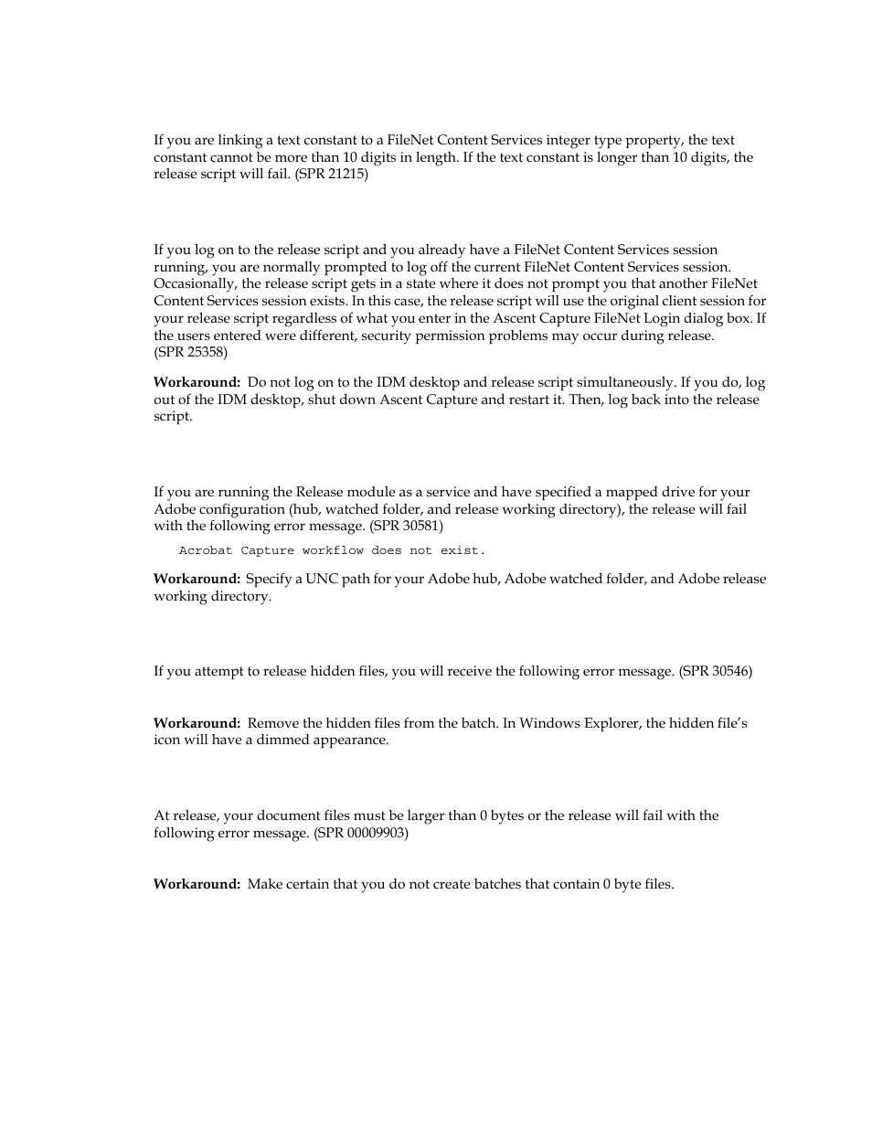 Running the release module as a service, Releasing hidden files is not supported, Releasing documents with 0 bytes | Kofax Capture Export Connector User Manual | Page 27 / 30