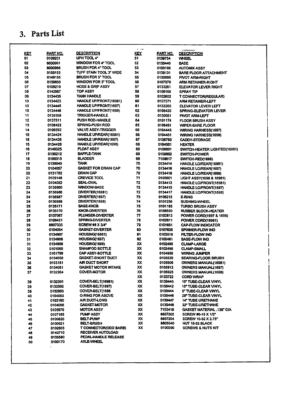 Parts list | Bissell 1697 User Manual | Page 4 / 10