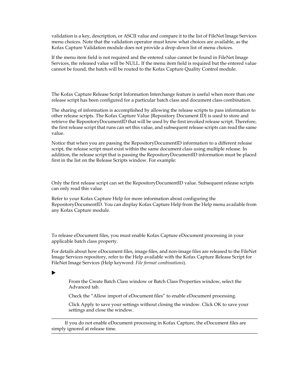 Sharing data among release scripts, Enable edocument processing | Kofax Release Script User Manual | Page 11 / 24