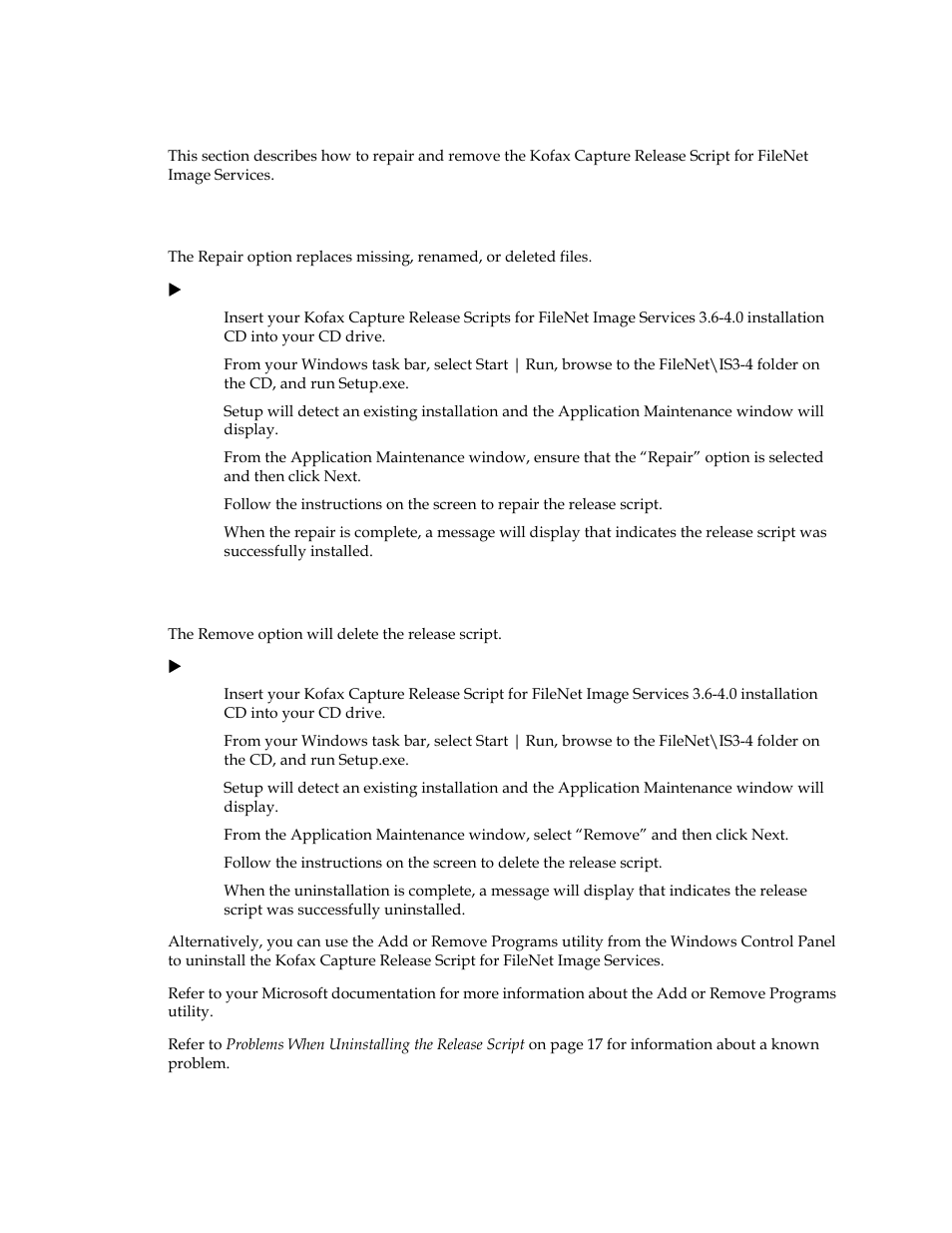 Application maintenance, Repairing the release script, Removing the release script | Kofax Release Script User Manual | Page 17 / 24