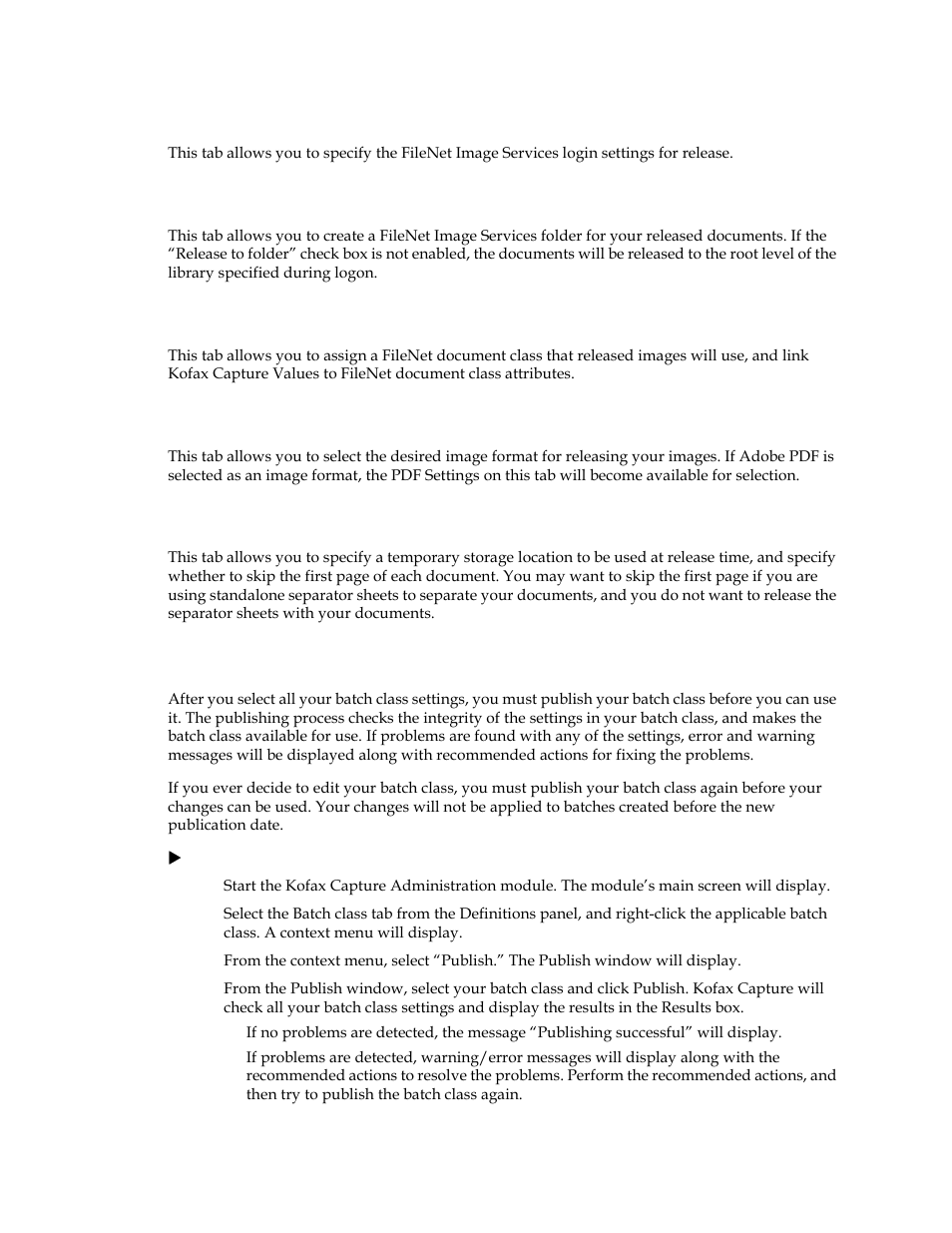 Release login settings tab, Storage settings tab, Document properties tab | Image format tab, General settings tab, Publishing a batch class | Kofax Release Script User Manual | Page 19 / 24