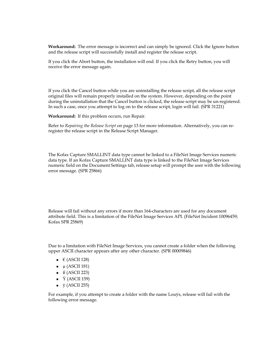 Problems when uninstalling the release script, Smallint data type limitation, Document attribute field length limitation | Kofax Release Script User Manual | Page 21 / 24