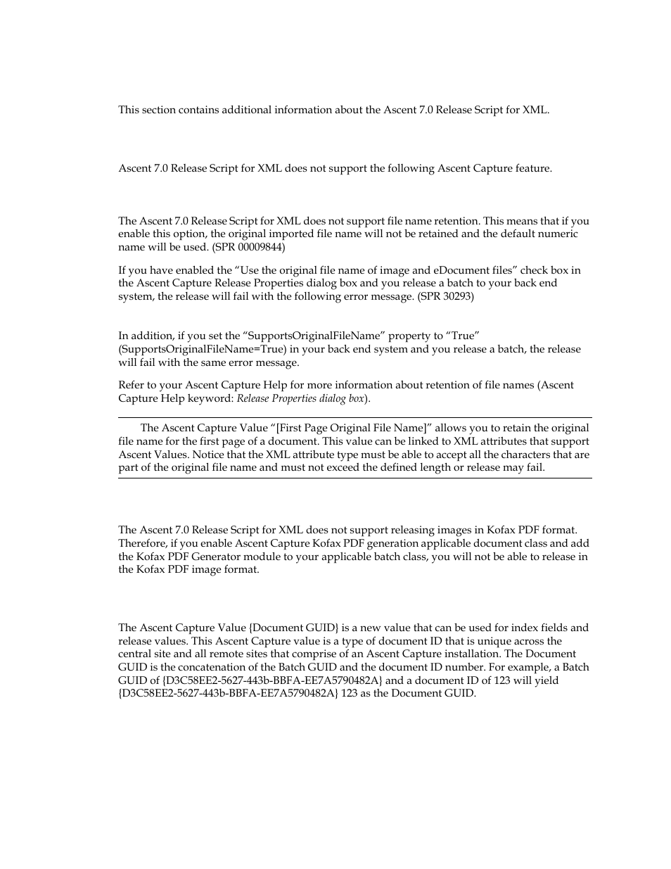Additional information, Unsupported ascent capture features, File name retention | Kofax pdf image format, Ascent capture value {document guid, File name retention kofax pdf image format | Kofax Ascen 7.0 Release Script User Manual | Page 13 / 36