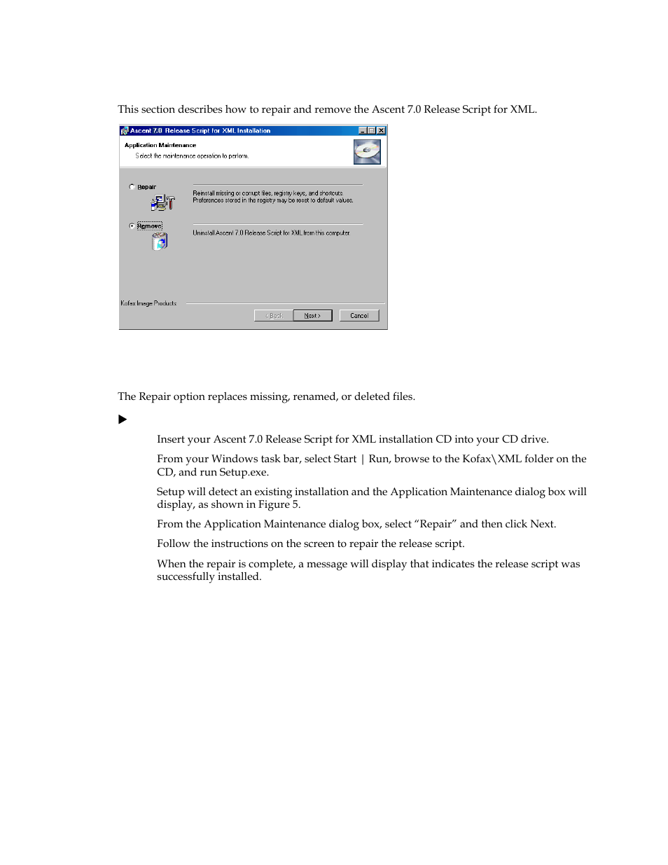 Application maintenance, Repairing the release script | Kofax Ascen 7.0 Release Script User Manual | Page 22 / 36