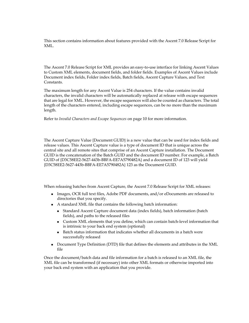 Features, Ascent capture value {document guid, Release to xml files | Kofax Ascen 7.0 Release Script User Manual | Page 8 / 36