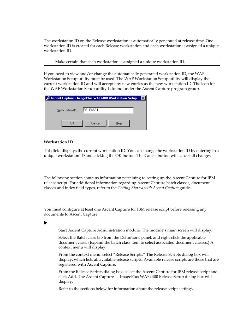 Setting the workstation id, Setting up the release script, Release script setup | Kofax Ascent Captur User Manual | Page 13 / 30