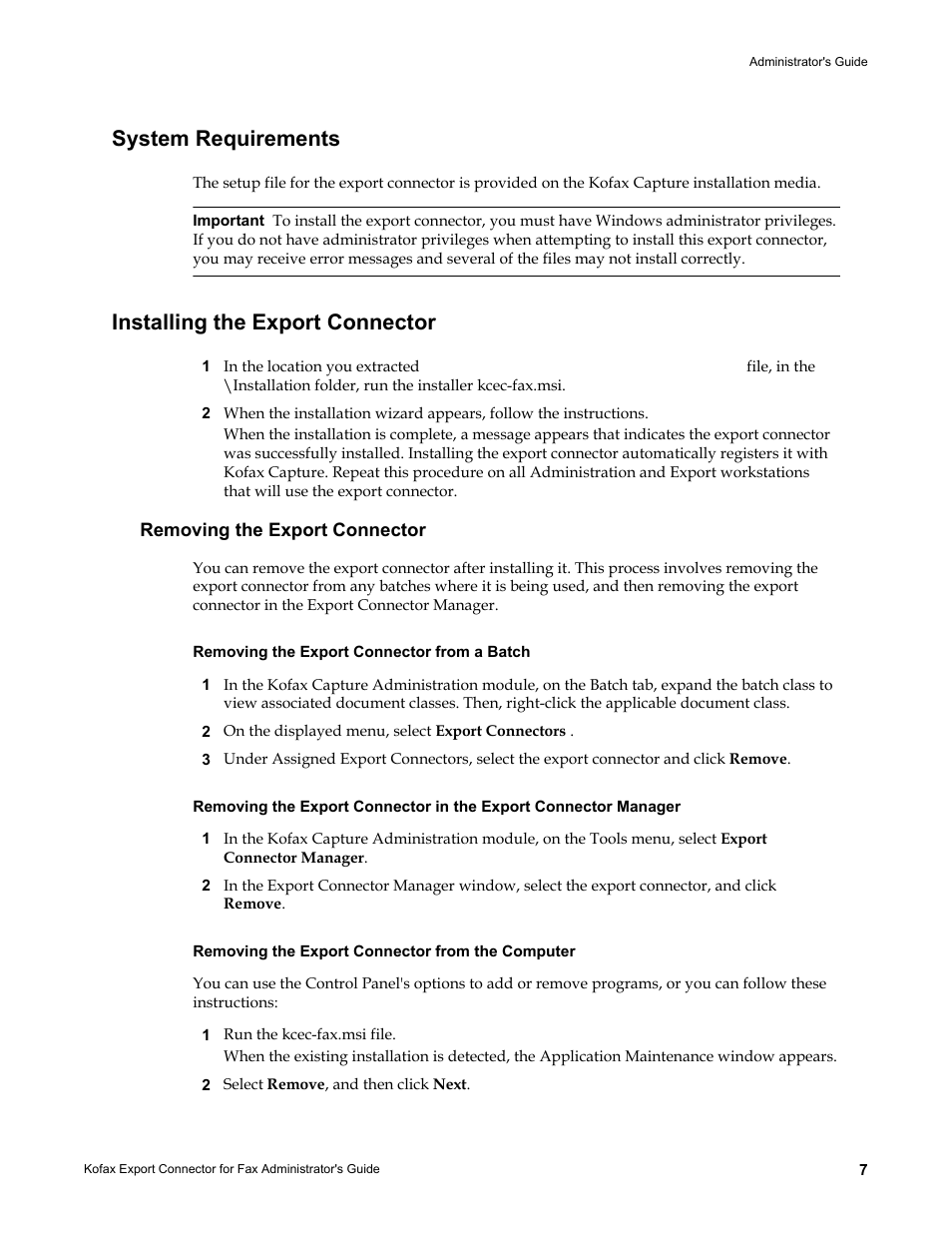 System requirements, Installing the export connector, Removing the export connector | Removing the export connector from a batch, Removing the export connector from the computer | Kofax Export Connector for Fax 1.1.0 User Manual | Page 7 / 10