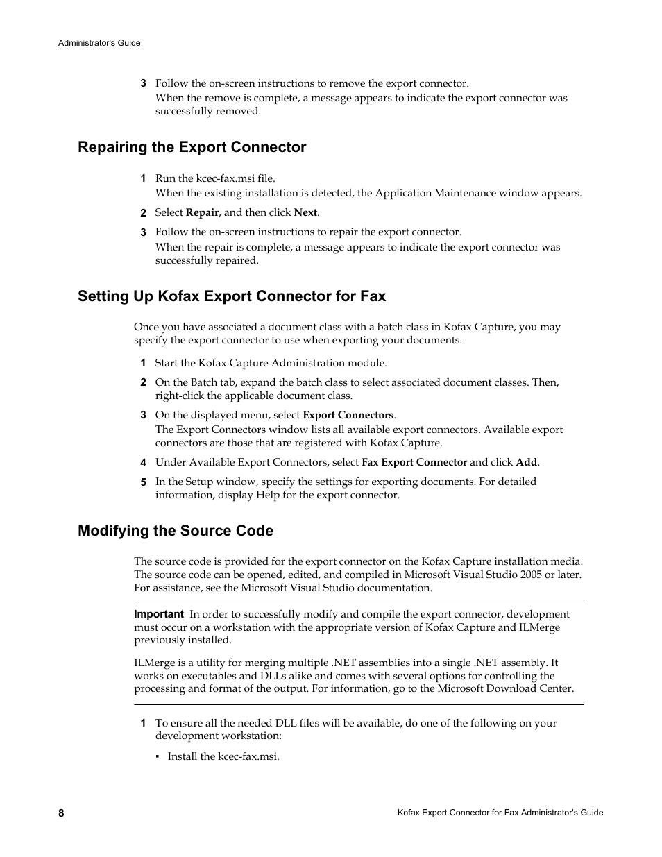 Repairing the export connector, Setting up kofax export connector for fax, Modifying the source code | Kofax Export Connector for Fax 1.1.0 User Manual | Page 8 / 10