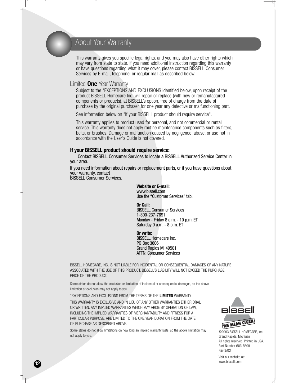 About your warranty, Limited one year warranty | Bissell 1960 User Manual | Page 12 / 12